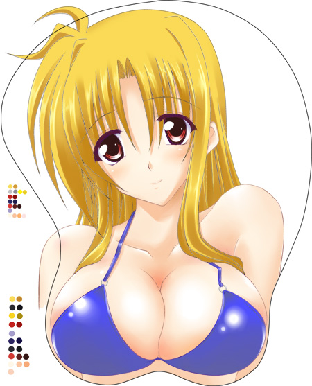 fate testarossa, lyrical nanoha, mahou shoujo lyrical nanoha, mahou shoujo lyrical nanoha strikers, 00s, bikini, blonde hair, blue bikini, blush, breast mousepad, breasts, cleavage, huge breasts, mousepad (medium), red eyes, smile, solo, swimsuit