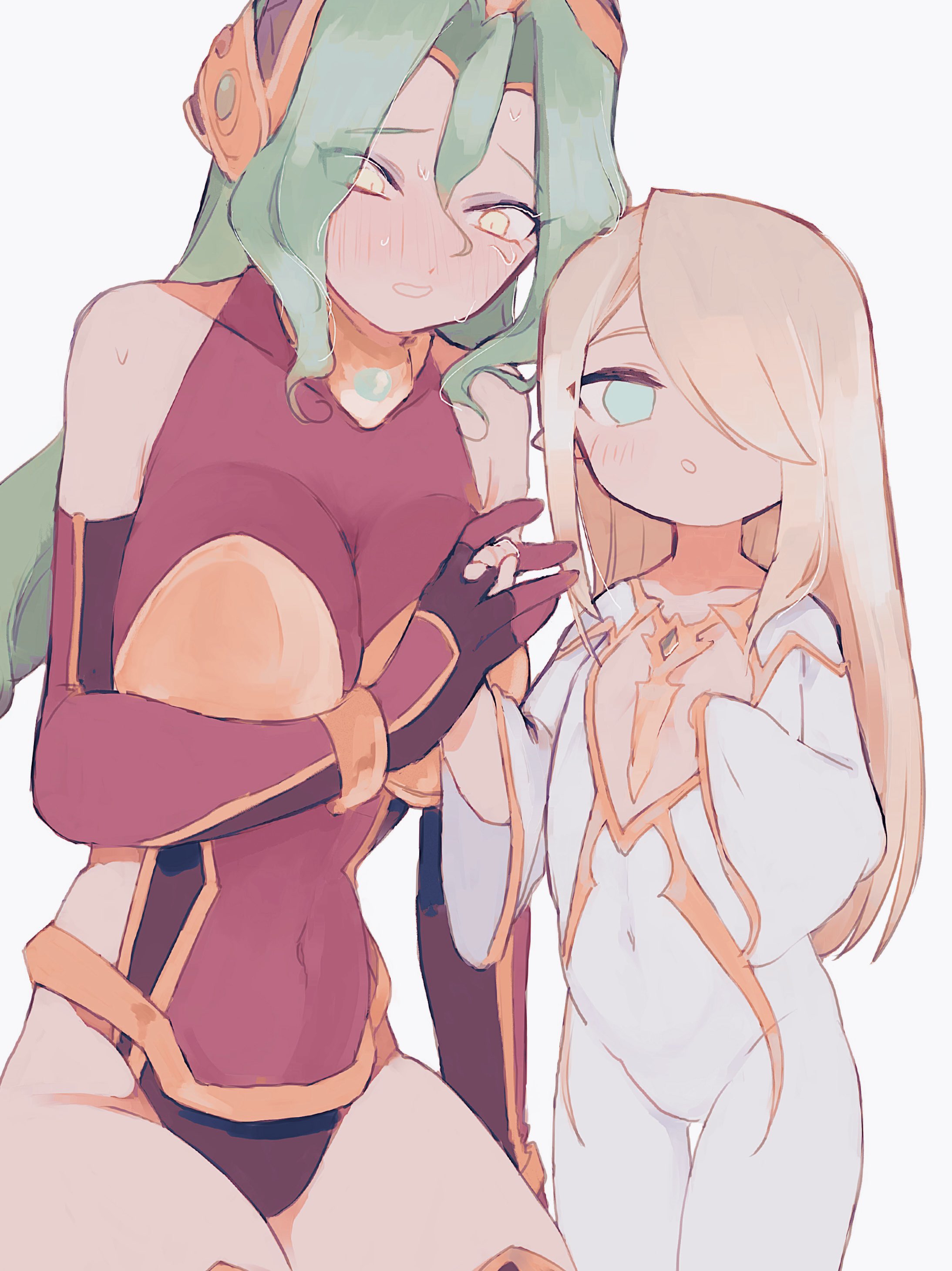 nancykittyu, mithos yggdrasill, tales of (series), tales of symphonia, absurdres, highres, aged down, blonde hair, blush, bodysuit, chest jewel, elbow gloves, eyeshadow, gloves, gold trim, green eyes, green hair, hair over one eye, holding hands, leotard, light blush, long hair, makeup, pronyma (tales), purple eyeshadow, red gloves, red leotard, simple background, thighhighs, white background, white bodysuit, yellow eyes