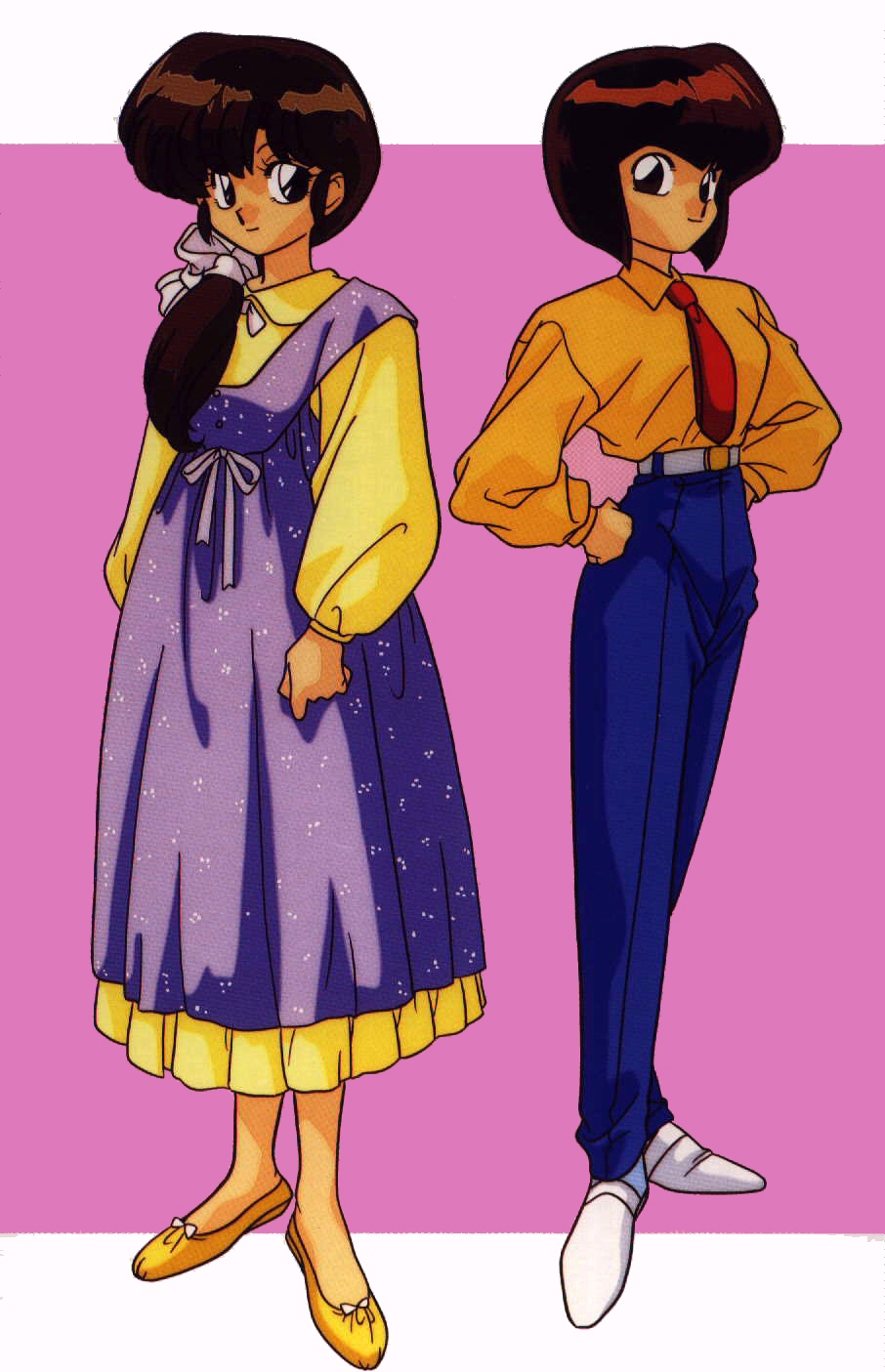 nakajima atsuko, tendou kasumi, tendou nabiki, ranma 1/2, highres, official art, scan, 1990s (style), 2girls, black eyes, brown hair, dress, full body, hands on own hips, long hair, multiple girls, necktie, pants, pink background, retro artstyle, shirt, shoes, short hair, siblings, sisters, smile, standing