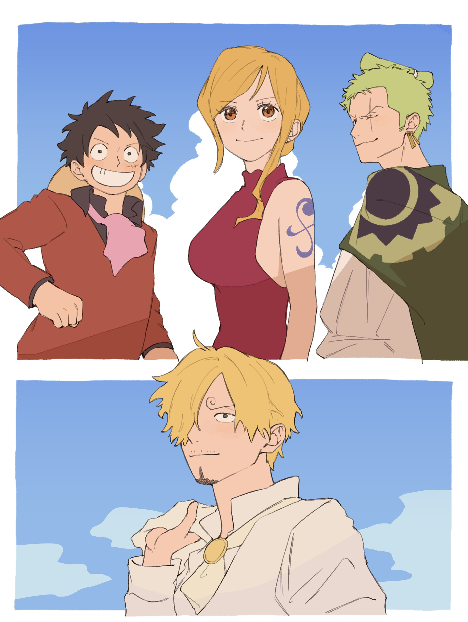 iqracha, monkey d. luffy, nami (one piece), roronoa zoro, sanji (one piece), one piece, absurdres, commentary, highres, 1girl, 3boys, ascot, black hair, blonde hair, earrings, eyelashes, facial hair, goatee, green hair, grin, jacket, japanese clothes, jewelry, multiple boys, mustache stubble, orange hair, outdoors, pink ascot, red jacket, red shirt, scar, scar across eye, scar on face, shirt, short hair, shoulder tattoo, sleeveless, sleeveless shirt, smile, stubble, tattoo, white ascot, white shirt