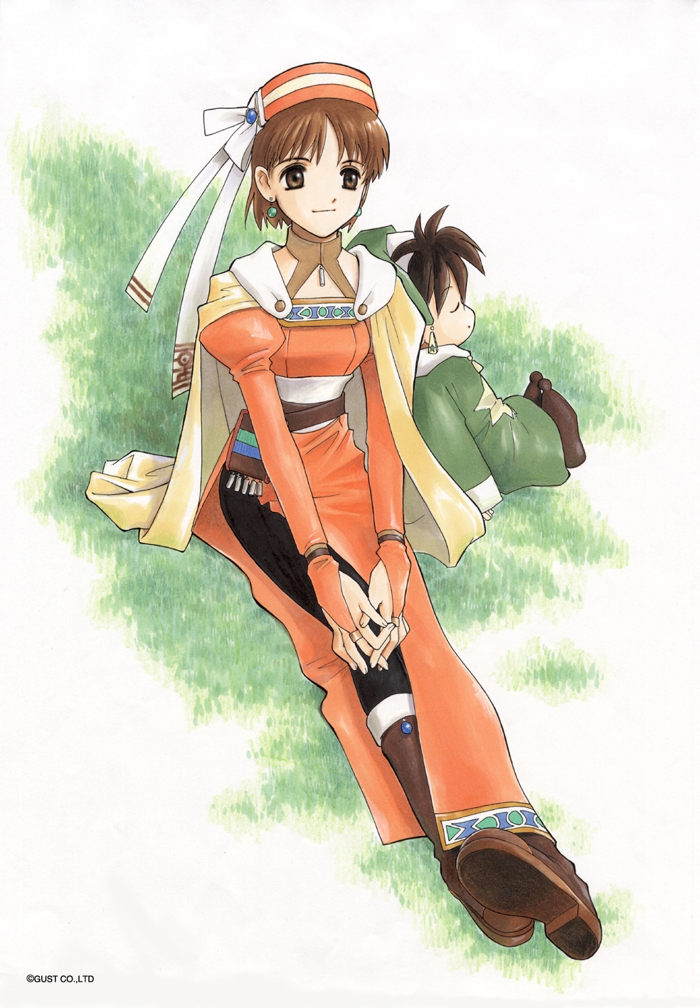 yamagata isaemon, elfir traum, yousei (atelier elie), atelier (series), atelier elie, gust, tecmo, highres, official art, scan, 1990s (style), 1boy, 1girl, age difference, alchemist, back-to-back, belt, belt pouch, black pantyhose, boots, bridal gauntlets, brown eyes, brown hair, brown pantyhose, cape, child, closed eyes, dress, earrings, flat chest, grass, halterneck, hat, jewelry, knee boots, leggings, on ground, open mouth, orange dress, orange hat, orange shirt, outdoors, own hands clasped, own hands together, pantyhose, parted bangs, pendant, pouch, retro artstyle, ribbon, robe, shirt, short hair, side slit, sitting, sleeping, spandex, spiked hair, star (symbol), turtleneck, wide sleeves