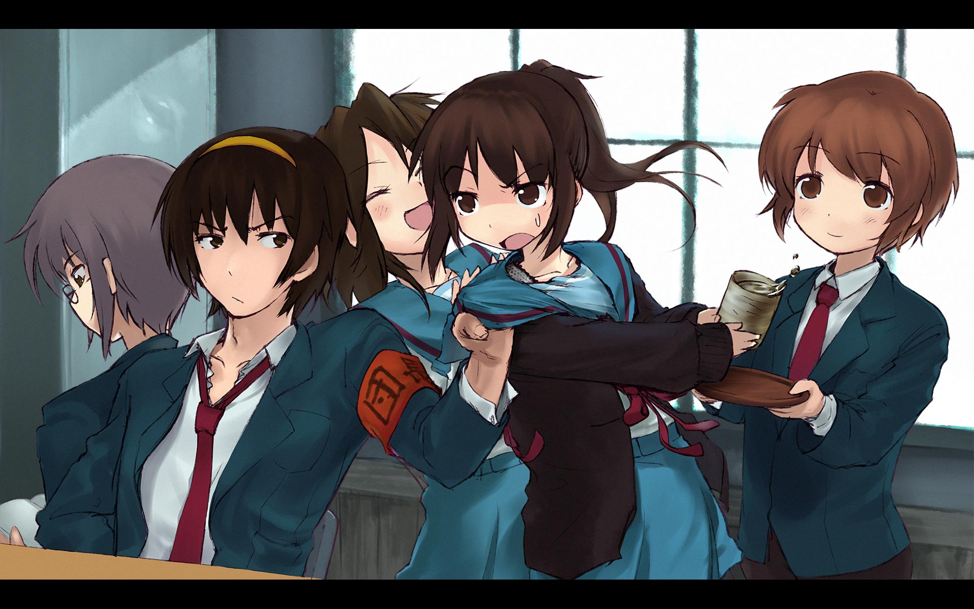 negy, asahina mikuru, asahina mitsuru, koizumi itsuki, koizumi itsuki (female), kyon, kyonko, nagato yuki, nagato yuuki, suzumiya haruhi, suzumiya haruhiko, suzumiya haruhi no yuuutsu, highres, 00s, 2girls, 3boys, blouse, blush, brown hair, genderswap, genderswap (ftm), genderswap (mtf), glasses, long hair, multiple boys, multiple girls, ponytail, purple hair, school uniform, serafuku, shirt, short hair, skirt, tea, white shirt