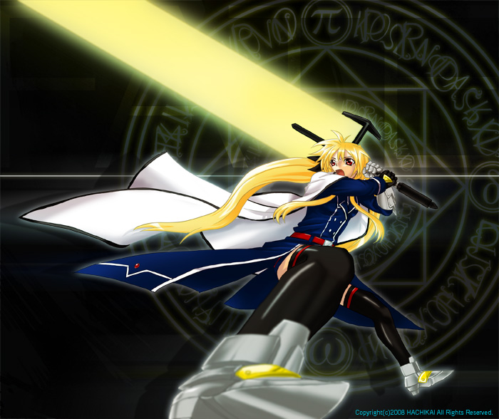hachi (hachikai), bardiche (nanoha), bardiche (zanber form) (nanoha), fate testarossa, fate testarossa (impulse form), silver shoe, lyrical nanoha, mahou shoujo lyrical nanoha, mahou shoujo lyrical nanoha strikers, black legwear, ornament, uniform, 00s, 1girl, blonde hair, cape, copyright name, energy sword, female focus, fighting, holding, holding sword, holding weapon, long hair, open mouth, plait, red eyes, screaming, solo, sword, weapon, white cape