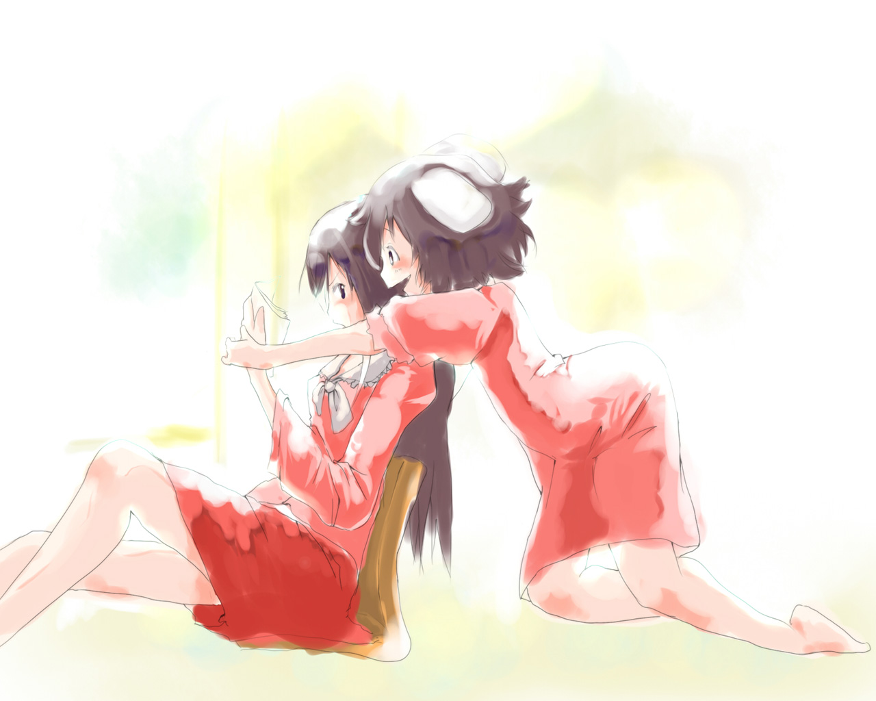 yae (mono110), houraisan kaguya, inaba tewi, touhou, 2girls, animal ears, blush, bow, chair, cloud, cloudy sky, dress, female focus, frills, holding hands, kneeling, multiple girls, paper, profile, red dress, sitting, sky, smile, white bow, window