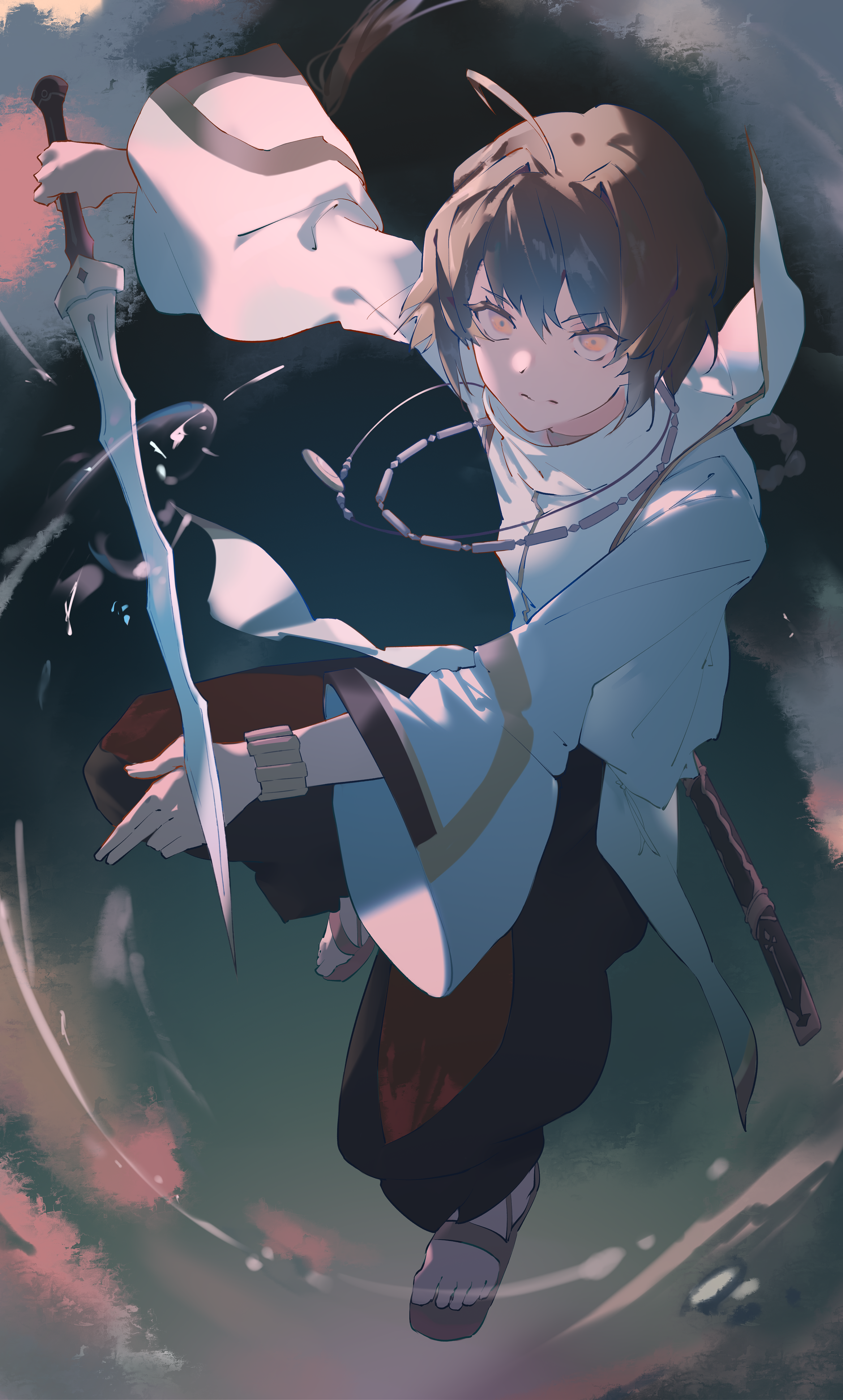 vii (joshuayuen), yamato takeru (fate), fate/samurai remnant, fate (series), absurdres, highres, 1other, ahoge, black pants, bracelet, brown hair, expressionless, full body, hair between eyes, holding, holding sword, holding weapon, jewelry, long sleeves, looking at viewer, necklace, orange eyes, pants, sandals, solo, sword, weapon