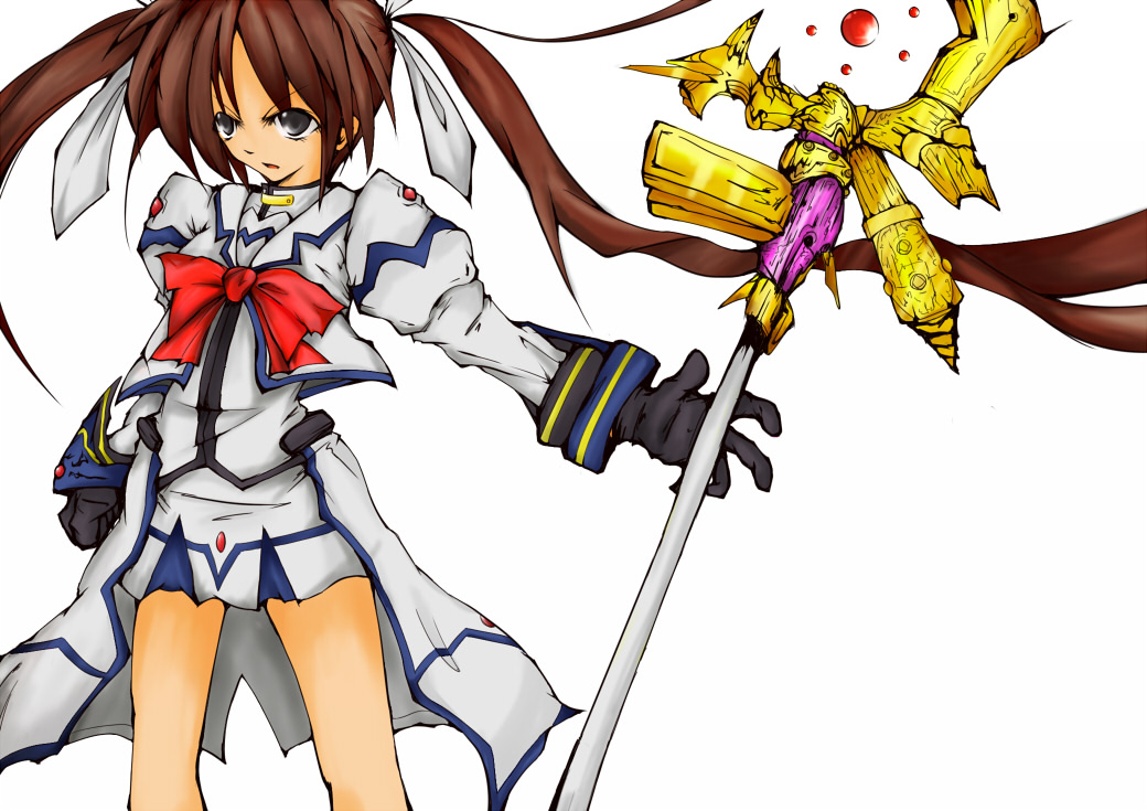raising heart, takamachi nanoha, takamachi nanoha (aggressor mode), lyrical nanoha, mahou shoujo lyrical nanoha, mahou shoujo lyrical nanoha strikers, 00s, 1girl, alternate weapon, bow, female focus, gloves, magazine (weapon), magical girl, red bow, solo, twintails, waist cape, weapon, white devil