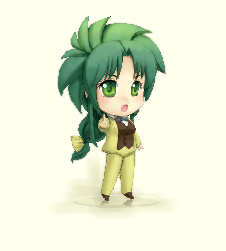 yagisaka seto, jochuu-san, nendoroid, original, lowres, 1girl, chibi, detective, female focus, green hair, oekaki, pointing, ponytail, solo