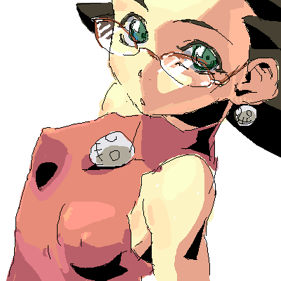 kotoyama, tron bonne (mega man), capcom, mega man (series), mega man legends (series), bad id, bad pixiv id, lowres, 1girl, breasts, covered erect nipples, female focus, flat chest, glasses, oekaki, small breasts, solo