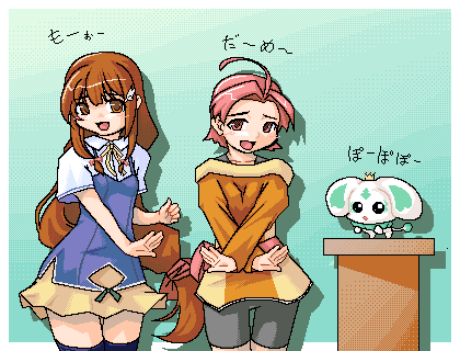 konami (popotan), mai (popotan), porun, futari wa precure, futari wa precure max heart, popotan, precure, lowres, 00s, 2girls, bike shorts, brown eyes, brown hair, dancing, long hair, matching hair/eyes, multiple girls, oekaki, open mouth, red eyes, red hair, thighhighs