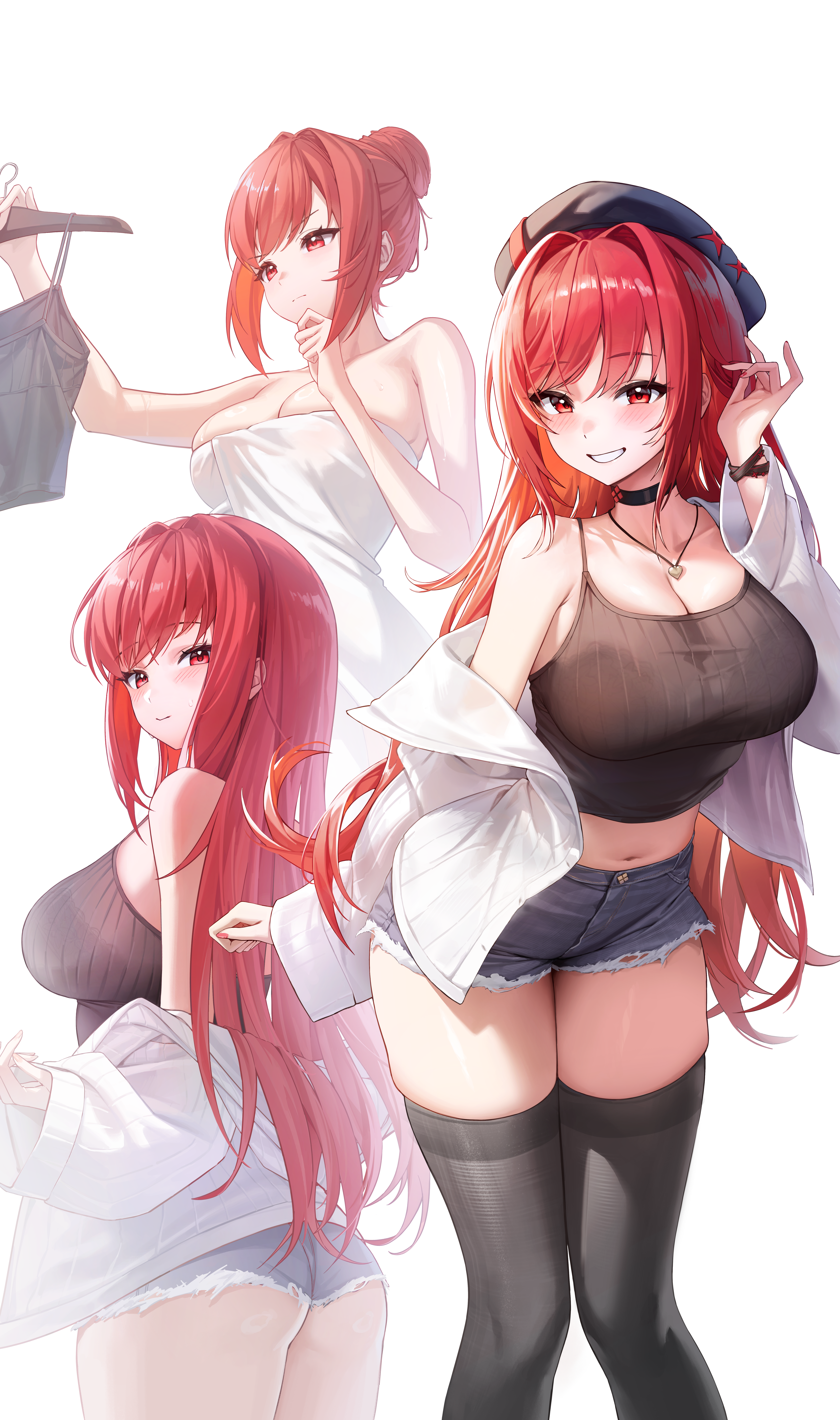 4q (lokcy516), rapi (nikke), rapi (red hood) (nikke), goddess of victory: nikke, absurdres, highres, 1girl, beret, black camisole, black choker, black thighhighs, breasts, camisole, choker, cleavage, clothes hanger, denim, denim shorts, grin, hair bun, hat, holding, holding clothes hanger, large breasts, midriff, multiple views, naked towel, navel, red eyes, red hair, shirt, short shorts, shorts, simple background, smile, stomach, thighhighs, thighs, towel, white background, white shirt