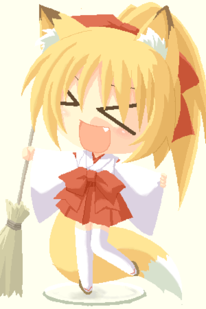 lowres, > <, 1girl, adapted uniform, animal ears, closed eyes, female focus, fox ears, hakama, hakama skirt, japanese clothes, miko, oekaki, red hakama, skirt, solo, tail, thighhighs