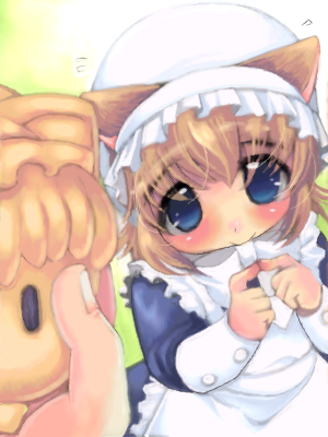lowres, 1girl, animal ears, cat ears, cookie, food, oekaki, solo focus