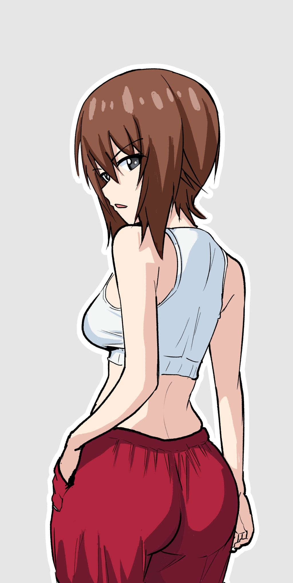 mal (malmlamal), nishizumi maho, girls und panzer, highres, 1girl, ass, back, breasts, brown eyes, brown hair, crop top, from behind, hair between eyes, hand in pocket, large breasts, looking at viewer, midriff, open mouth, pants, red pants, shirt, short hair, simple background, sleeveless, sleeveless shirt, solo, white background, white shirt