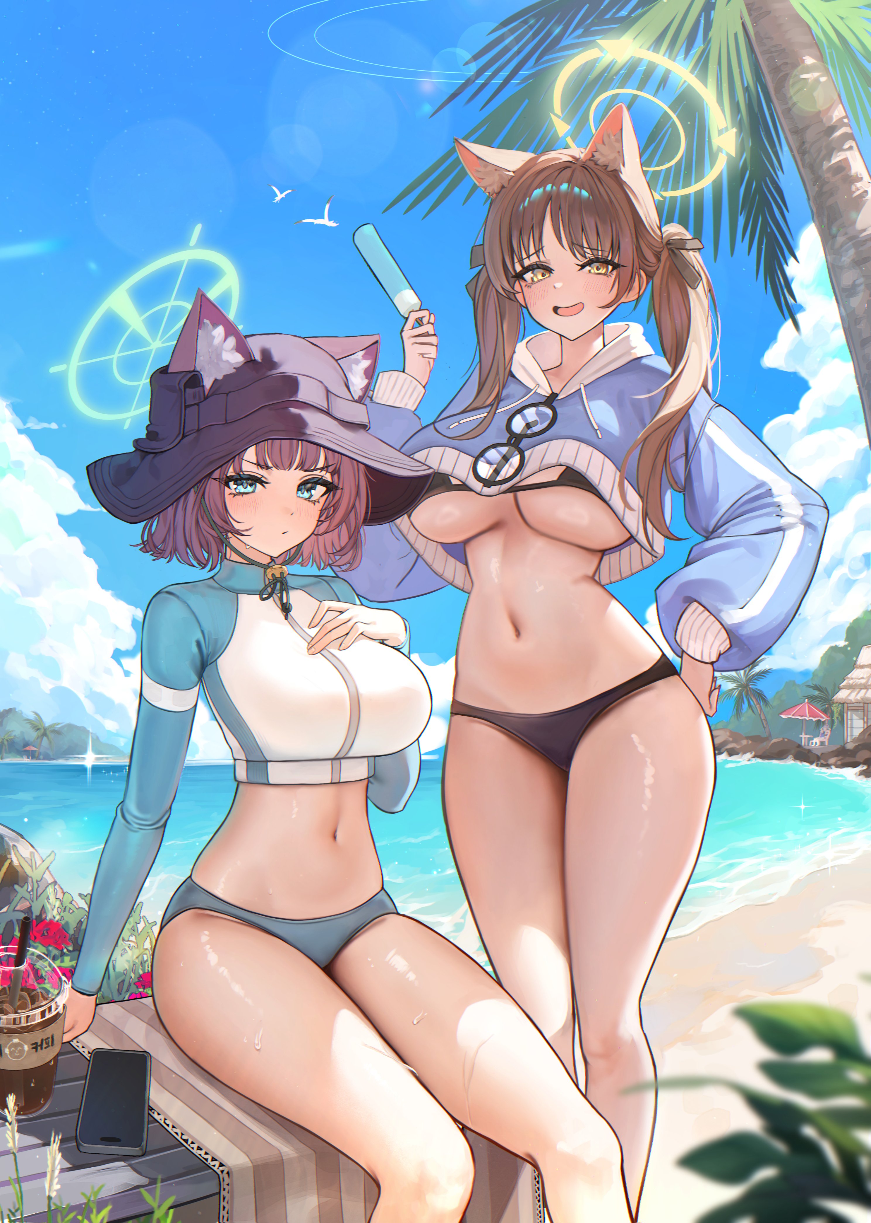 bubble99, moe (blue archive), moe (swimsuit) (blue archive), saki (blue archive), saki (swimsuit) (blue archive), blue archive, absurdres, commentary request, highres, 2girls, animal ears, bikini, bikini bottom only, black bikini, blue bikini, blue hoodie, blush, breasts, bucket hat, cat ears, closed mouth, cropped jacket, eyewear hang, green halo, halo, hat, hood, hoodie, jacket, kemonomimi mode, long hair, looking at viewer, multicolored jacket, multiple girls, navel, official alternate costume, open mouth, outdoors, rash guard, side-tie bikini bottom, smile, stomach, swimsuit, twintails, two-tone jacket, underboob, unworn eyewear, yellow eyes, yellow halo