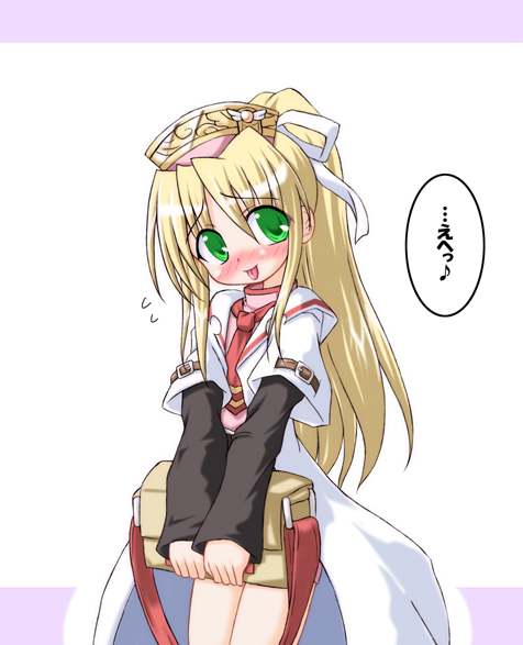 inasaki shirau, medic (sekaiju), atlus, etrian odyssey, 1girl, :p, blonde hair, blush, female focus, green eyes, head tilt, letterboxed, necktie, ponytail, solo, speech bubble, tongue, tongue out, white background