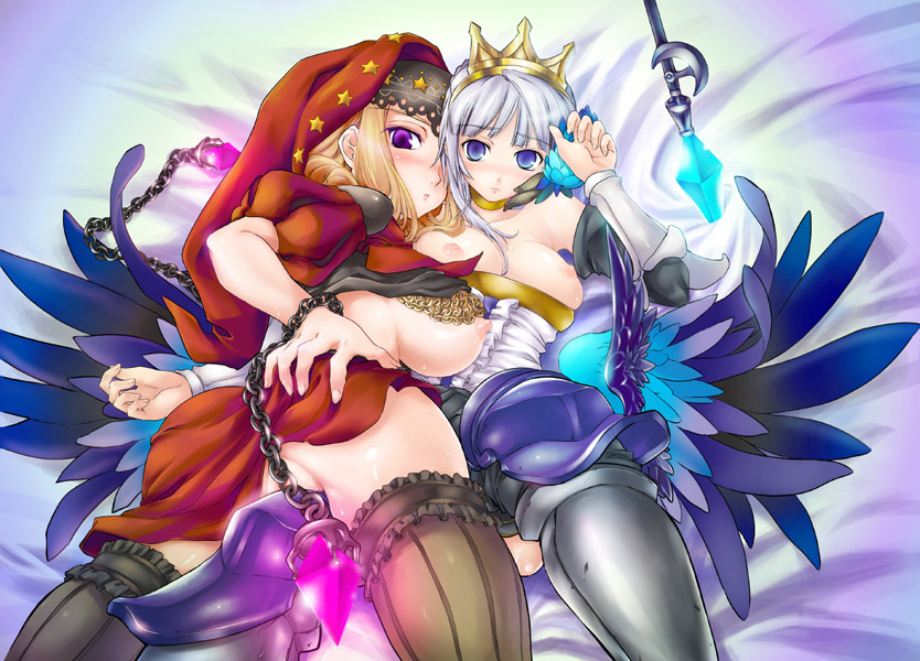 ouma tokiichi, gwendolyn (odin sphere), velvet (odin sphere), odin sphere, frilled legwear, habit, silver hair, striped, textless version, 2girls, armor, ass, bed, blonde hair, blue eyes, blush, breasts, censored, chain, choker, convenient censoring, crown, dress, glowing, grabbing another's ass, groping, huge breasts, incest, looking back, lying, multiple girls, nipples, no bra, no panties, on back, partially visible vulva, polearm, purple eyes, short hair, siblings, sideboob, sisters, spear, star (symbol), strapless, strapless dress, thighhighs, weapon, wings, yuri