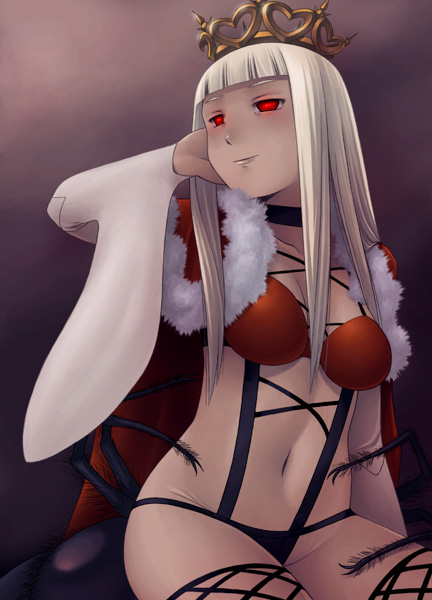 noise (tsuzuki), original, silver hair, bad id, bad pixiv id, 1girl, crown, female focus, hat, long hair, monster girl, queen, red eyes, solo