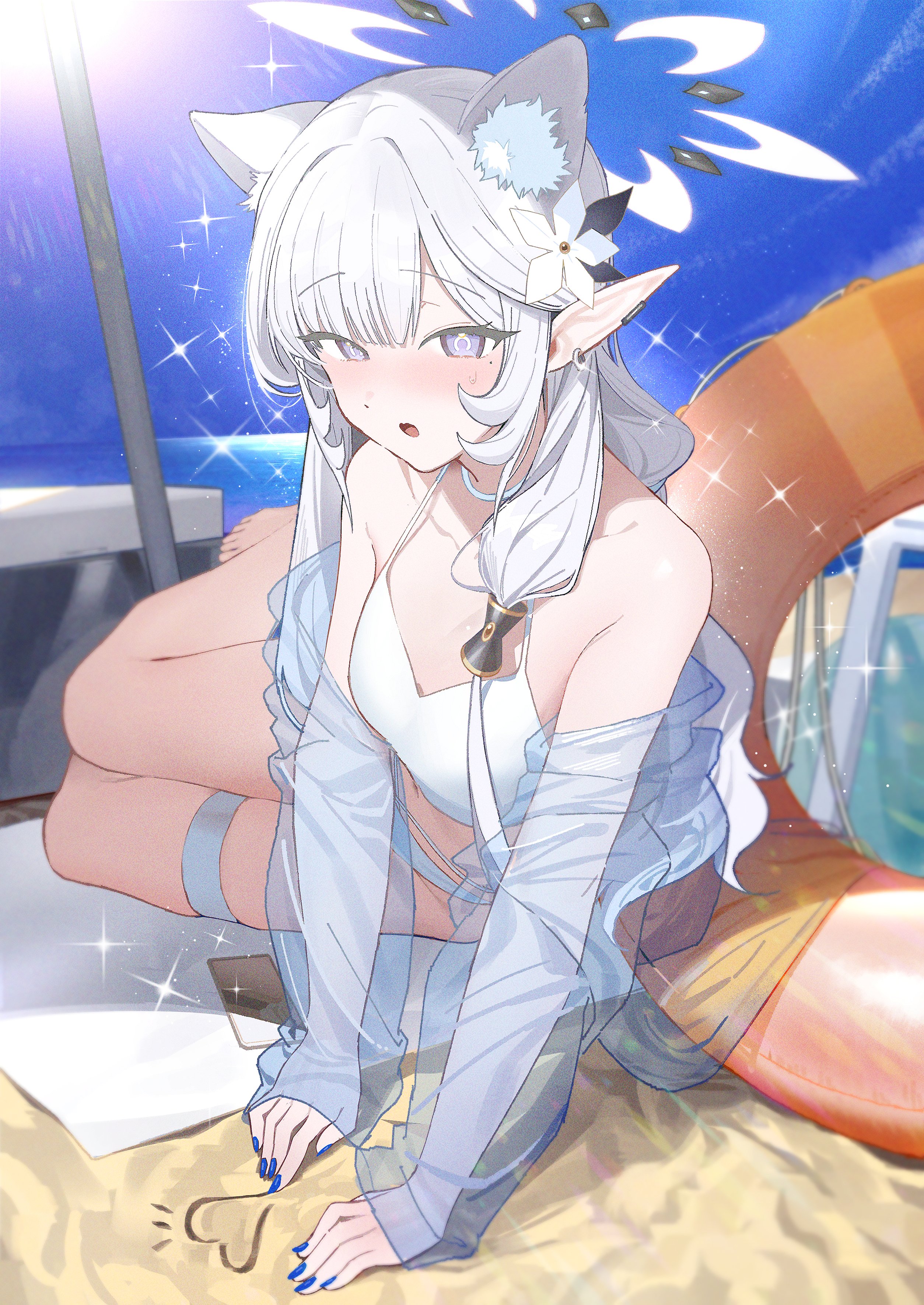 zanya 000, himari (blue archive), blue archive, absurdres, highres, 1girl, alternate costume, animal ear fluff, animal ears, bare shoulders, bikini, blush, breasts, cat ears, earclip, halo, long hair, looking at viewer, off shoulder, open mouth, pointy ears, purple eyes, see-through clothes, see-through sleeves, sitting, small breasts, solo, sparkle, sparkling aura, swimsuit, thighs, white bikini, white hair, white halo, yokozuwari