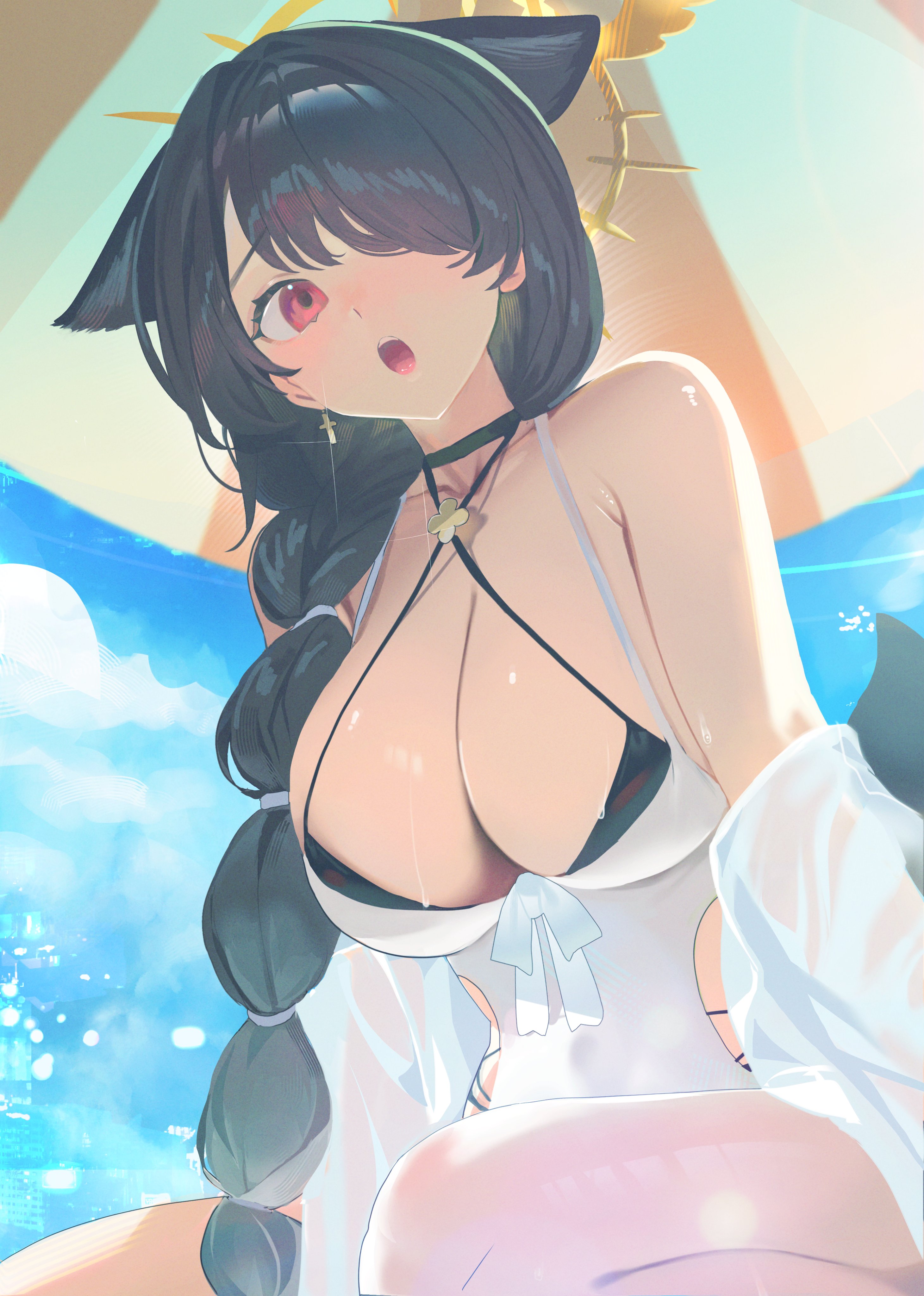 ziki (gkdlfnzo1245), hinata (blue archive), hinata (swimsuit) (blue archive), blue archive, absurdres, highres, 1girl, animal ears, bikini, black bikini, black hair, braid, braided ponytail, breasts, casual one-piece swimsuit, cleavage, clothing cutout, criss-cross halter, cross, cross earrings, double bikini, earrings, hair over one eye, halo, halterneck, hat, jewelry, large breasts, layered swimsuit, long hair, looking at viewer, official alternate costume, one-piece swimsuit, open mouth, side cutout, sitting, solo, sun hat, swimsuit, white one-piece swimsuit, yellow halo
