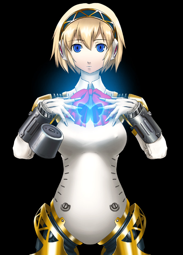 ouma tokiichi, aigis (persona), atlus, persona, persona 3, 1girl, android, blonde hair, blue eyes, bug, butterfly, female focus, glowing, insect, joints, ribbon, robot, robot joints, short hair, simple background, solo