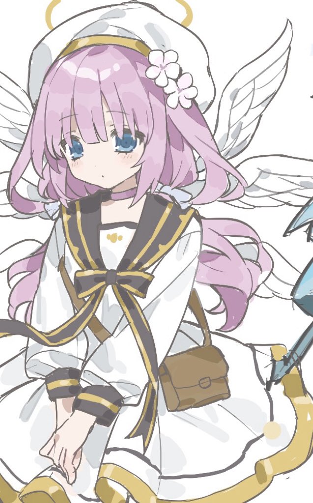 gelato1014, yurisaki mika (maimai), maimai (game), angel, angel wings, blue eyes, blush, bow, brown bag, dress, feathered wings, flower, hair between eyes, hair flower, hair ornament, halo, long hair, long sleeves, low twintails, pleated dress, sailor collar, sailor dress, solo, twintails, white dress, white hair, white sailor collar, white wings, wings
