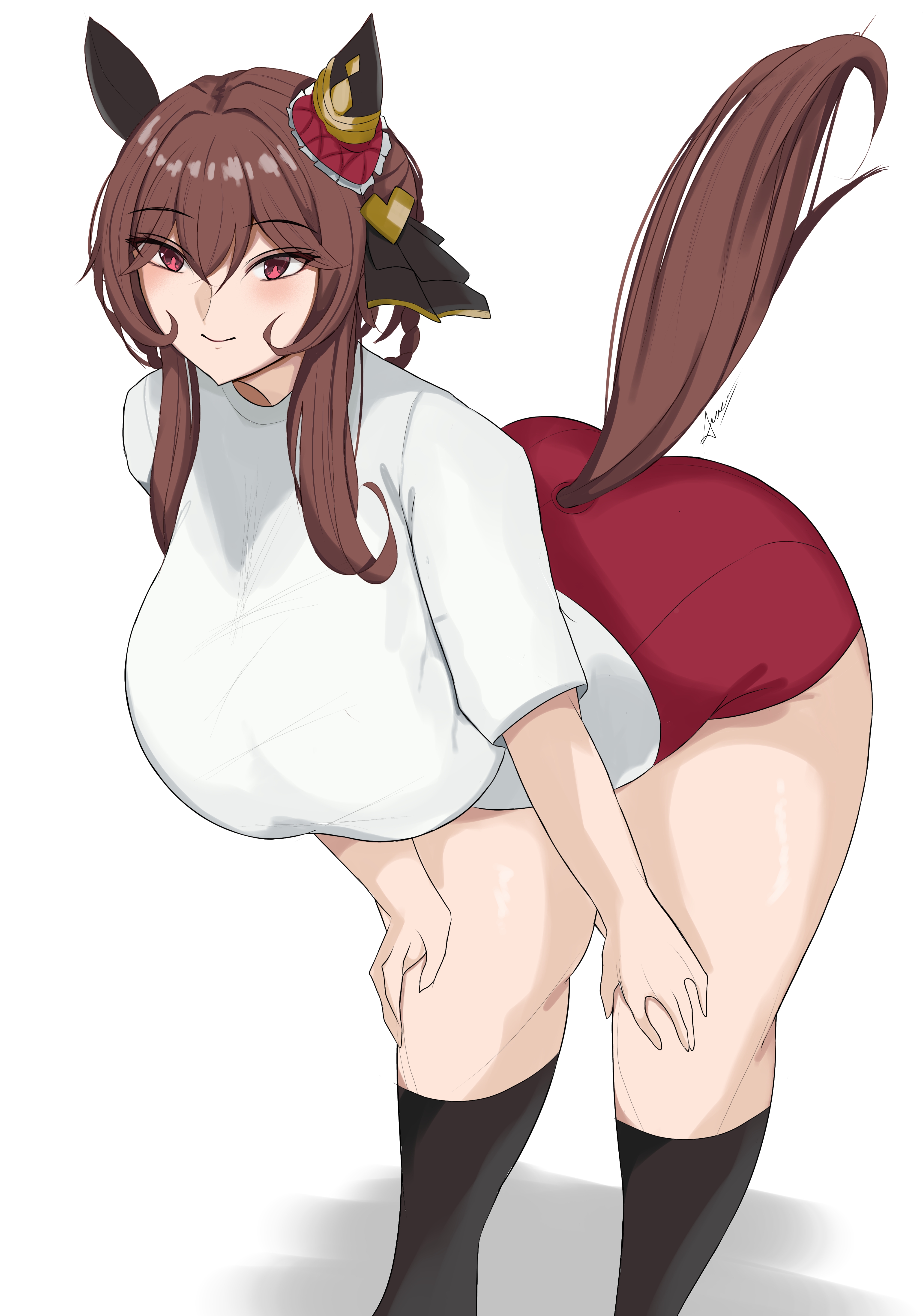 edelweiss17701, gentildonna (umamusume), pixiv, umamusume, absurdres, highres, 1girl, animal ears, ass, breasts, brown hair, ear covers, ear ornament, hair rings, horse ears, horse girl, horse tail, huge ass, huge breasts, large breasts, looking at viewer, shirt, simple background, single ear cover, smile, solo, summer uniform, tail, tracen training uniform, white background, white shirt, wide hips