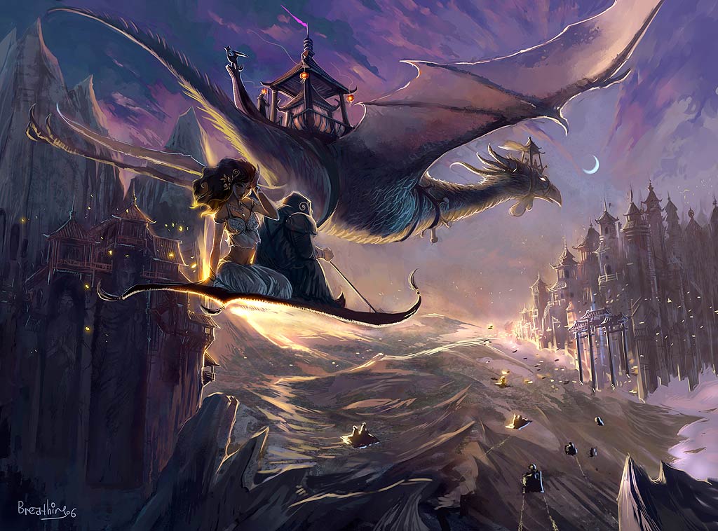 breathing2004, original, 1girl, architecture, armor, backlighting, black hair, breasts, breath, cleavage, dragon, east asian architecture, fantasy, flying, hand on own head, jewelry, landscape, magic carpet, necklace, outdoors, pauldrons, scenery, shoulder armor, sitting, sky