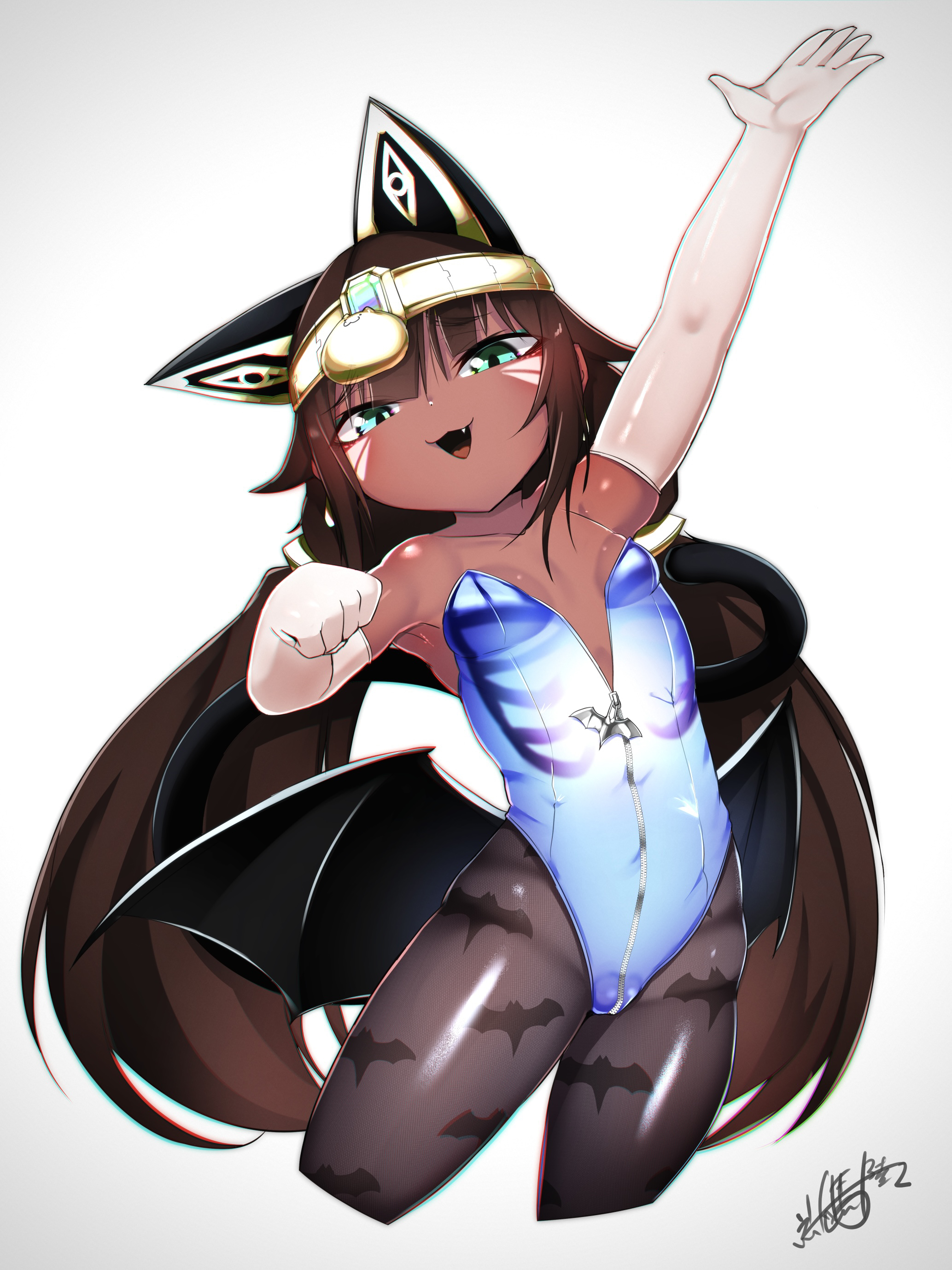 dai yasude, original, absurdres, highres, 1girl, ancient egyptian, animal ears, animal print, arm up, bat print, black hair, breasts, cat ears, cat girl, cat tail, dark-skinned female, dark skin, elbow gloves, fang, gloves, green eyes, leotard, long hair, looking at viewer, low twintails, low wings, open mouth, pantyhose, print pantyhose, small breasts, smile, solo, suez-chan, tail, twintails, wings