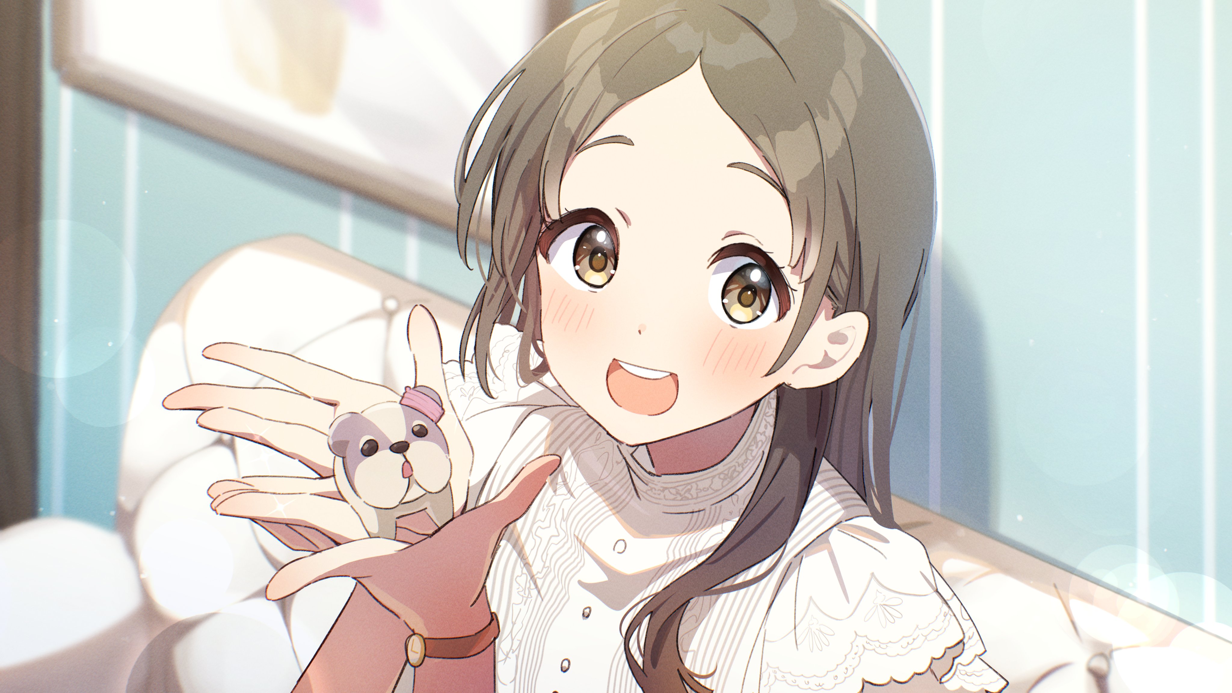 reikakrzk, kuramoto china, gakuen idolmaster, idolmaster, absurdres, hashtag-only commentary, highres, 1girl, :d, blush, brown eyes, brown hair, couch, holding, holding stuffed toy, indoors, lens flare, long hair, looking at viewer, open mouth, parted bangs, shirt, smile, solo, stuffed animal, stuffed dog, stuffed toy, teeth, upper teeth only, watch, white shirt, wristwatch
