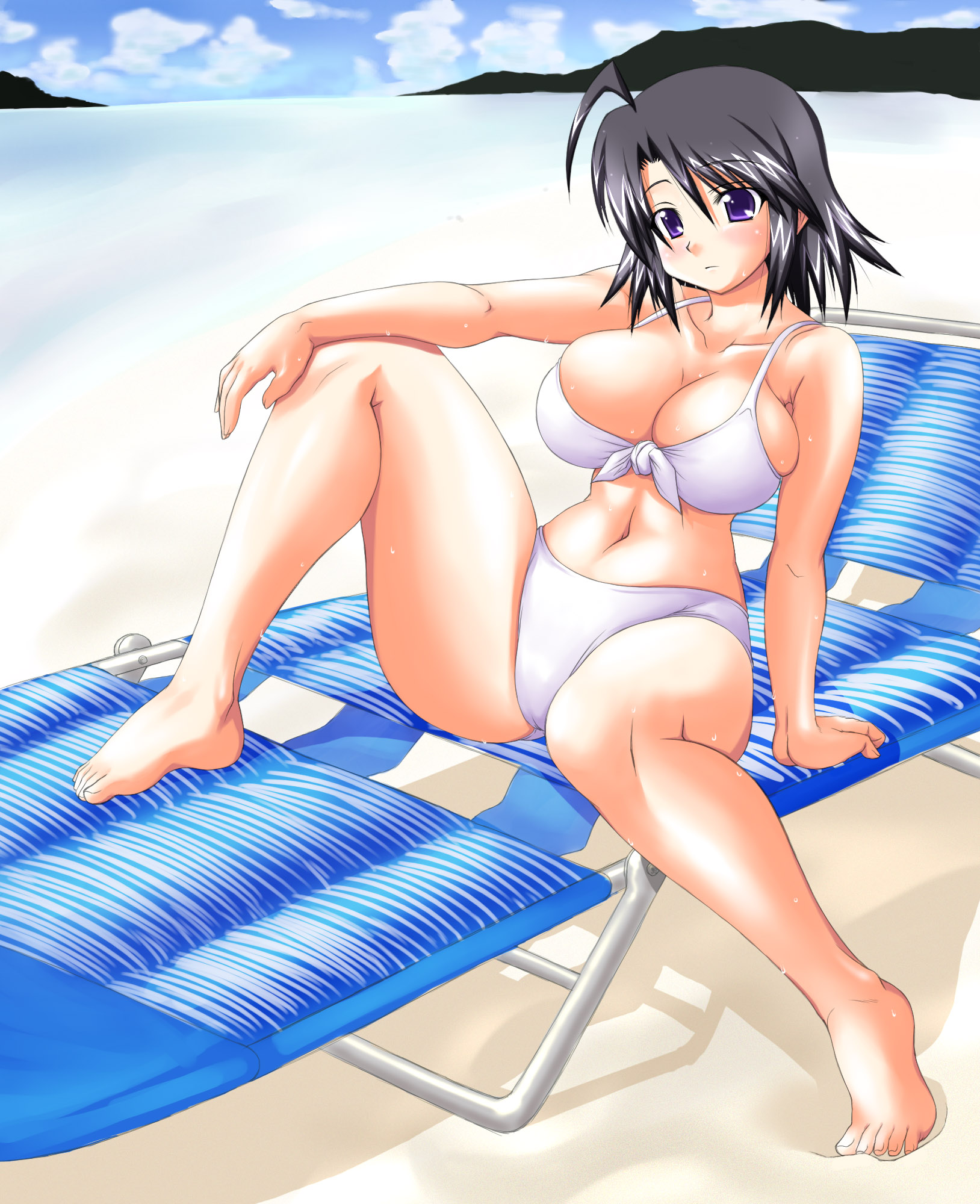morimoto kiyona, highres, 1girl, bikini, blue eyes, blue hair, breasts, cleavage, feet, female focus, large breasts, matching hair/eyes, solo, swimsuit, wet, white bikini
