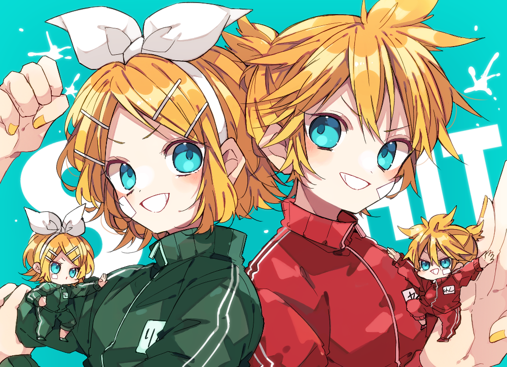 kaho 0102, kagamine len, kagamine rin, vocaloid, commentary request, 1boy, 1girl, bandaid, bandaid on cheek, bandaid on face, blonde hair, blue eyes, blush, brother and sister, chibi, double-parted bangs, green jacket, green pants, green shoes, grin, hair ornament, hairclip, hand up, jacket, looking at viewer, nail polish, pants, parallel hairclips, red jacket, red pants, red shoes, shoes, short hair, siblings, smile, track jacket, twins, upper body, yellow nails
