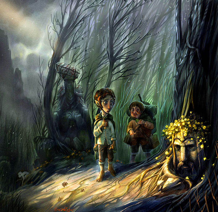 frodo baggins, gollum, samwise gamgee, the lord of the rings, the two towers, tolkien's legendarium, stone, 2boys, backpack, bag, barefoot, blood, breath, cape, cloud, crossroads, crown, fantasy, forest, frying pan, gondor, halfling, ithilien, jewelry, king, landscape, male focus, middle earth, mordor, mountain, multiple boys, nature, pointy ears, randoseru, ring, ruins, shadow, statue, travel