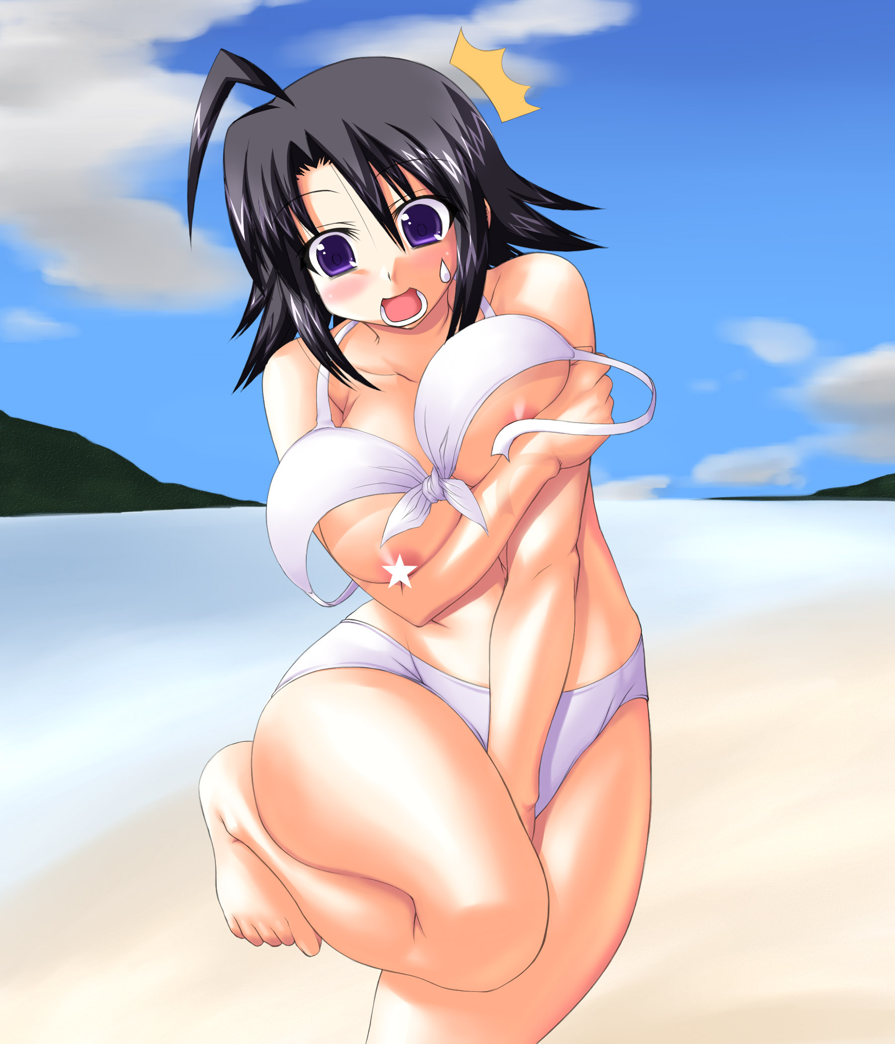 morimoto kiyona, highres, 1girl, bikini, blue eyes, blue hair, breasts, censored, day, female focus, large breasts, matching hair/eyes, nipples, solo, swimsuit, wardrobe malfunction, white bikini