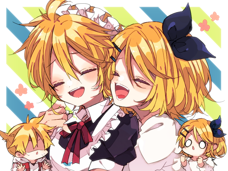 kaho 0102, kagamine len, kagamine rin, vocaloid, commentary request, 1boy, 1girl, :d, apron, black ribbon, blonde hair, blue background, blush, border, brother and sister, chibi, closed eyes, crossdressing, crossdressing (mtf), double-parted bangs, frilled apron, frills, green background, hair between eyes, hair ornament, hair ribbon, hairclip, hug, maid, maid headdress, male maid, neck ribbon, o o, open mouth, outside border, parallel hairclips, red ribbon, ribbon, shirt, short hair, short sleeves, siblings, smile, striped background, twins, upper body, white apron, white border, white shirt