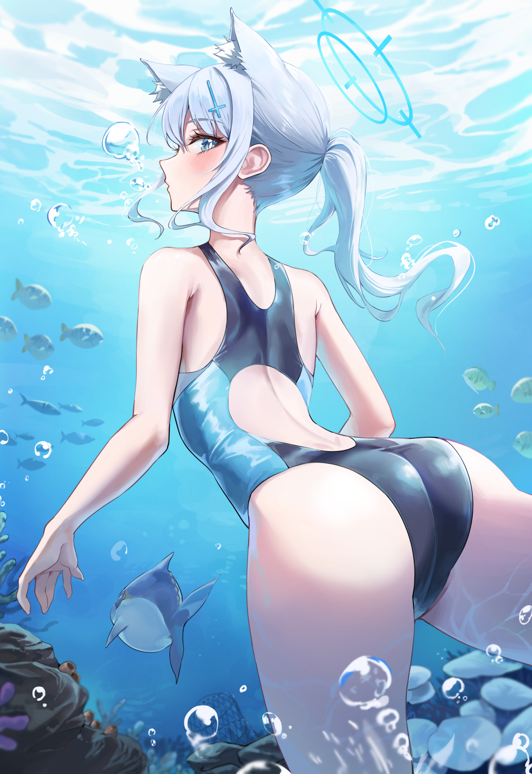 2gong (9ujin ), shiroko (blue archive), shiroko (swimsuit) (blue archive), blue archive, absurdres, highres, 1girl, ass, back cutout, bare arms, bare shoulders, black one-piece swimsuit, blue one-piece swimsuit, bubble, clothing cutout, competition swimsuit, extra ears, fish, freediving, from behind, halo, looking back, median furrow, official alternate costume, one-piece swimsuit, parted lips, sidelocks, solo, swimsuit, thighs, two-tone swimsuit, underwater, water