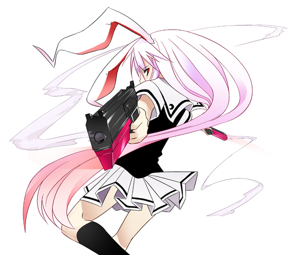 itose ikuto, reisen udongein inaba, touhou, duplicate, 1girl, animal ears, female focus, gun, rabbit ears, simple background, solo, weapon, white background