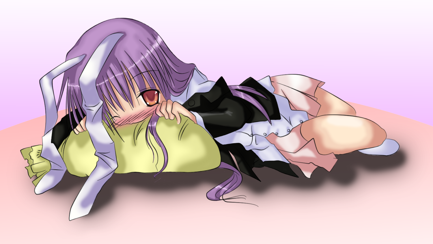 reisen udongein inaba, touhou, 1girl, animal ears, female focus, full body, gradient background, legs, lying, purple hair, rabbit ears, solo