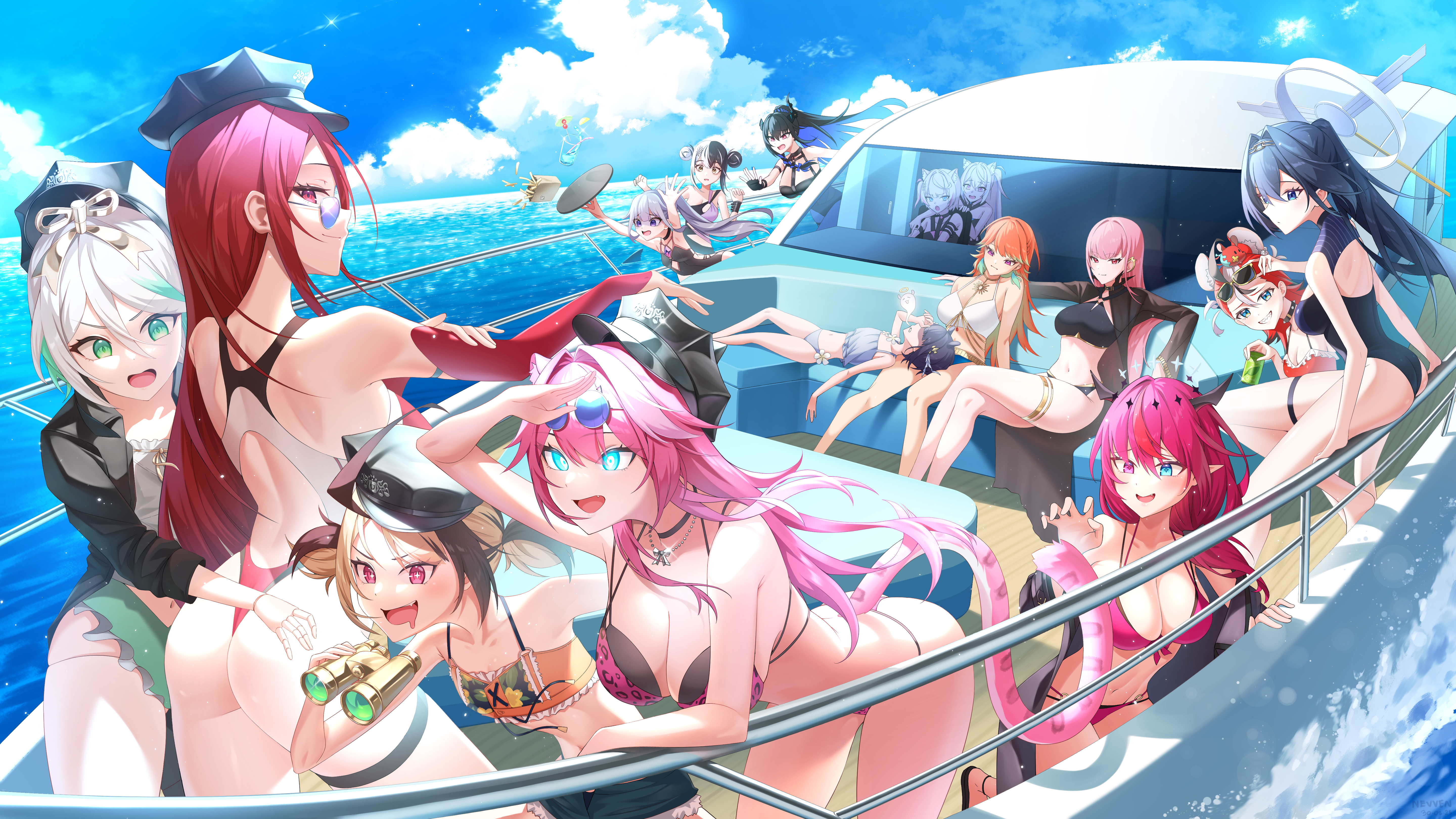 nevven, cecilia immergreen, cecilia immergreen (holonatsu paradise), elizabeth rose bloodflame, elizabeth rose bloodflame (holonatsu paradise), fuwawa abyssgard, fuwawa abyssgard (holonatsu paradise), gigi murin, gigi murin (holonatsu paradise), hakos baelz, hakos baelz (holonatsu paradise), irys (hololive), irys (holonatsu paradise) (hololive), koseki bijou, mococo abyssgard, mococo abyssgard (holonatsu paradise), mori calliope, mori calliope (holonatsu paradise), nerissa ravencroft, nerissa ravencroft (holonatsu paradise), ninomae ina'nis, ninomae ina'nis (holonatsu paradise), ouro kronii, ouro kronii (holonatsu paradise), raora panthera, raora panthera (holonatsu paradise), shiori novella, shiori novella (holonatsu paradise), takanashi kiara, takanashi kiara (holonatsu paradise), hololive, hololive english, absurdres, highres, 6+girls, animal ears, ass, bikini, binoculars, black bikini, black choker, black hair, black one-piece swimsuit, blonde hair, blue eyes, blue hair, blue sky, boat, breasts, cat ears, cat girl, cat tail, choker, cloud, day, demon horns, dog ears, dog girl, double bun, everyone, eyewear on head, falling, flat chest, giving up the ghost, grin, hair bun, hair intakes, hat, holding, holding binoculars, horns, jewelry, large breasts, long hair, medium breasts, mouse ears, mouse girl, multicolored hair, multiple girls, necklace, ocean, one-piece swimsuit, orange hair, outdoors, peaked cap, pink hair, pointy ears, purple hair, railing, red hair, short hair, sitting, sky, smile, spilling, streaked hair, sunglasses, swimsuit, tail, thighlet, tray, twintails, very long hair, virtual youtuber, watercraft, white bikini, white hair, winding key