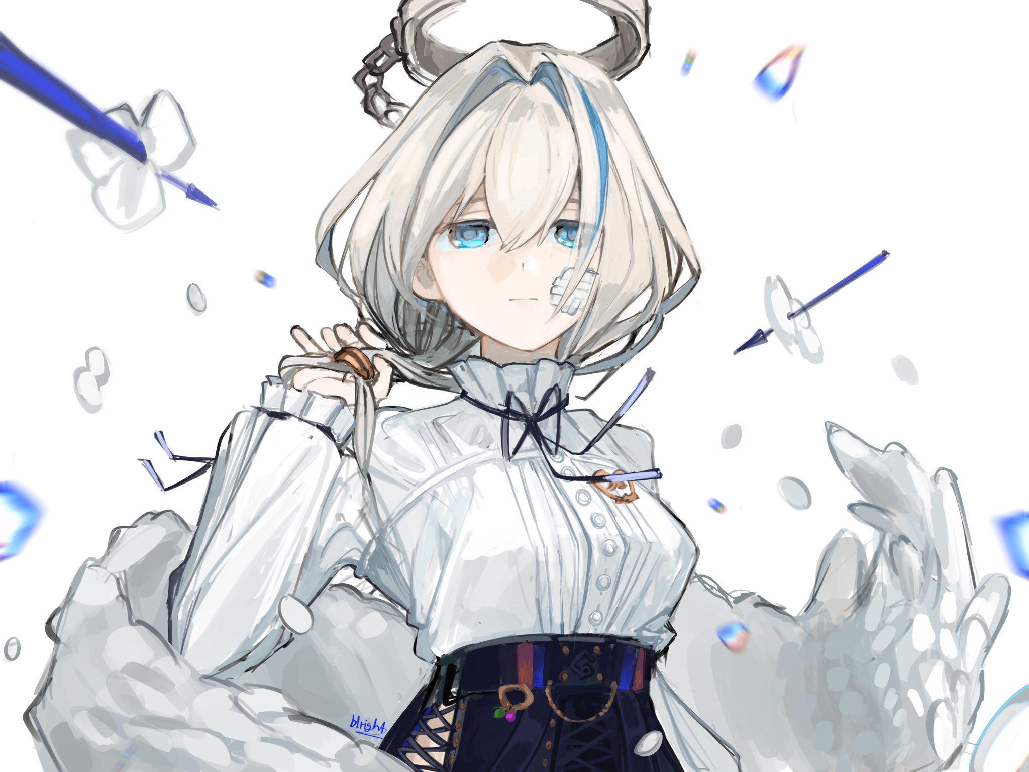 arcaea, highres, 1girl, angel wings, bandage on face, bandages, bandaid, bandaid on face, belt, black belt, black gloves, black ribbon, black skirt, blrr ight, blue eyes, blue hair, breasts, compassion (arcaea), cross, gloves, grey hair, holding, holding own hair, long sleeves, medium breasts, motion blur, multicolored hair, ribbon, shirt, short hair, skirt, solo, streaked hair, white shirt, white wings, wings
