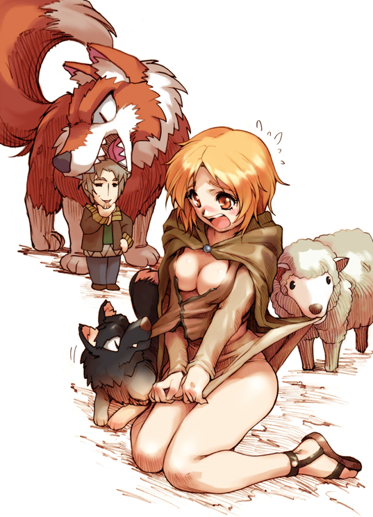 hisahiko, craft lawrence, enekk, holo, nora arento, spice and wolf, 00s, 1boy, 1girl, animal, blonde hair, breasts, cleavage, clothes pull, dog, large breasts, orange eyes, sheep, skirt, skirt pull, skirt tug, wolf