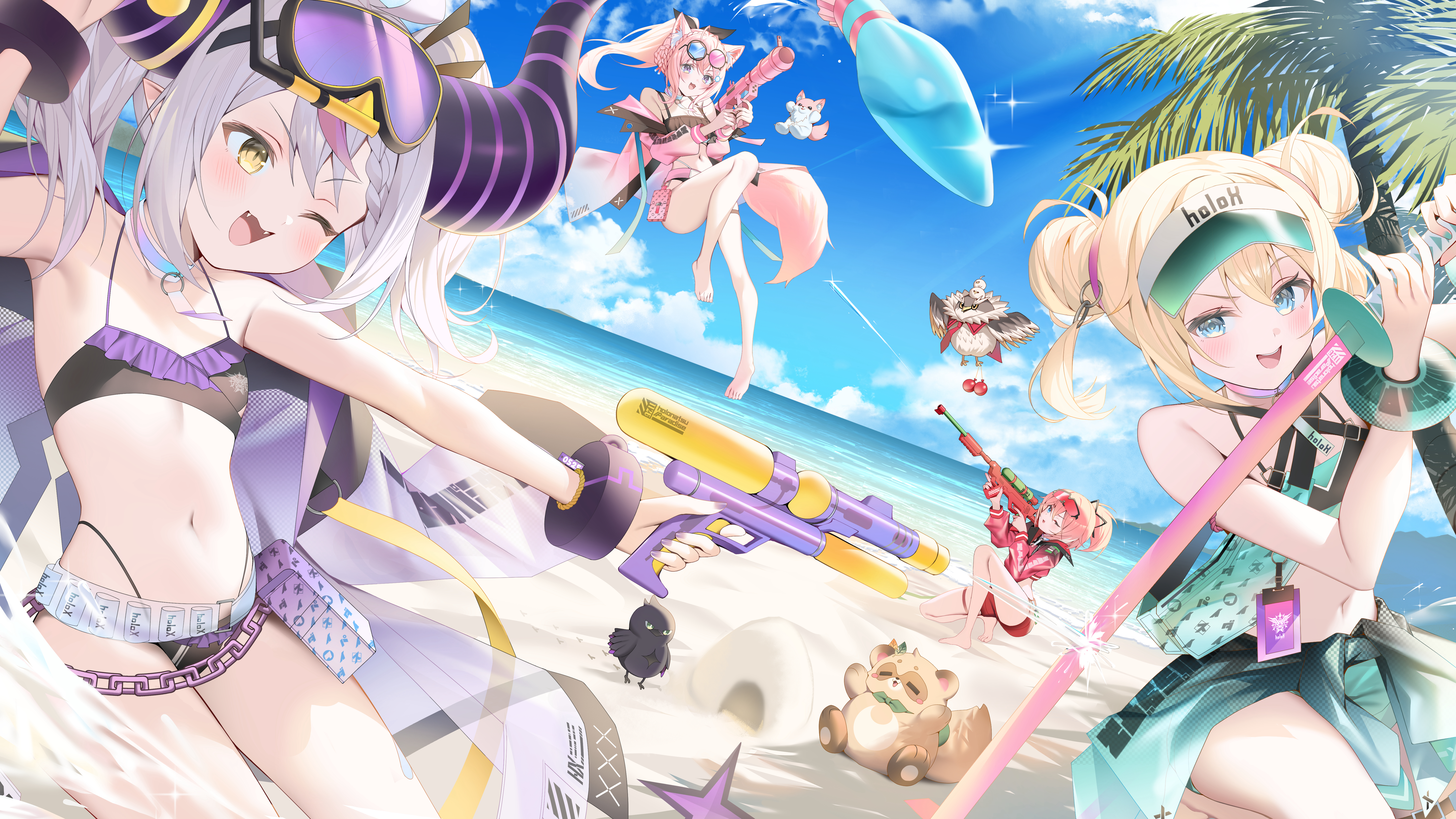 ryuya, crow (la+ darknesss), ganmo (takane lui), hakui koyori, hakui koyori (holonatsu paradise), kazama iroha, kazama iroha (holonatsu paradise), kokoro (hakui koyori), la+ darknesss, la+ darknesss (holonatsu paradise), pokobee, takane lui, takane lui (holonatsu paradise), hololive, holonatsu paradise, holox, absurdres, commentary, highres, 4girls, :d, ;d, ahoge, animal ears, antenna hair, aqua eyes, arm up, ball, beach, bikini, bikini under clothes, bikini under shorts, black bikini, black horns, black jacket, blonde hair, blue eyes, blue sky, braid, braided bangs, braided bun, breasts, clothes around waist, cloud, cropped jacket, crown braid, day, demon horns, double-parted bangs, double bun, eyewear on head, feather hair, finger on trigger, flat chest, frilled bikini, frills, full body, green jacket, grey hair, hair between eyes, hair bun, hexagon hair ornament, holding, holding rocket launcher, holding sword, holding water gun, holding weapon, horns, jacket, jacket around waist, jacket on shoulders, katana, large breasts, layered bikini, looking at another, looking at viewer, medium hair, multicolored hair, multiple girls, navel, official alternate costume, official alternate hairstyle, one eye closed, open mouth, outdoors, palm tree, pink hair, pointy ears, ponytail, purple eyes, purple hair, red jacket, red shorts, rocket launcher, round eyewear, see-through clothes, see-through jacket, short hair, shorts, sidelocks, sky, small breasts, smile, snorkel mask, stomach, streaked hair, striped horns, swimsuit, sword, tail, tree, virtual youtuber, visor cap, water gun, weapon, white background, wolf ears, wolf girl, yellow eyes