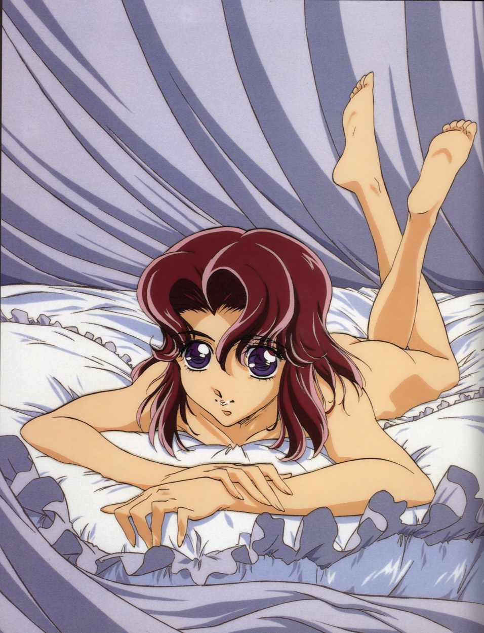 takatsuki shiori, shoujo kakumei utena, shoujo kakumei utena adolescence mokushiroku, highres, official art, scan, 1990s (style), 1girl, ass, barefoot, bed, canopy bed, crossed legs, curtains, feet, female focus, foreshortening, frilled pillow, frills, lying, nude, on stomach, pillow, purple eyes, purple hair, retro artstyle, smile, soles, solo, the pose