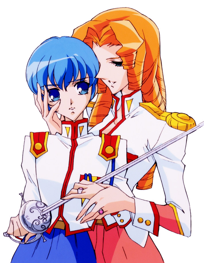 arisugawa juri, kaoru miki, shoujo kakumei utena, official art, scan, 1990s (style), 1boy, 1girl, aiguillette, bishounen, blue eyes, blue hair, curly hair, drill hair, epaulettes, jewelry, long hair, orange hair, retro artstyle, ring, school uniform, serafuku, sword, weapon
