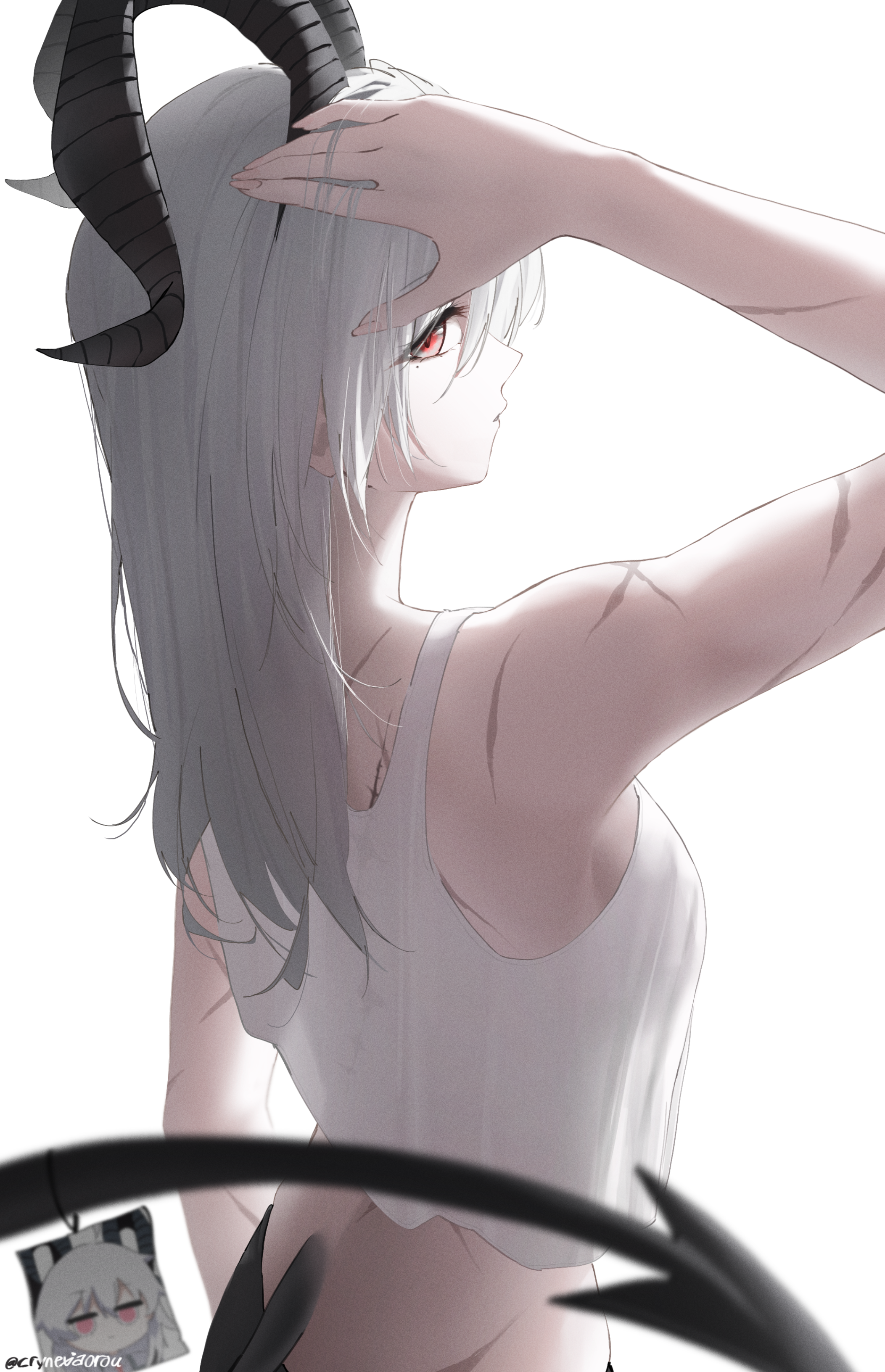 cryne, zani (wuthering waves), wuthering waves, absurdres, commentary, highres, 1girl, bare shoulders, black eyes, black horns, black tail, breasts, closed mouth, curled horns, demon tail, fingernails, from behind, hand up, horns, large breasts, mole, mole under eye, multicolored eyes, red eyes, scar, sideways glance, simple background, solo, tacet mark (wuthering waves), tail, tank top, twitter username, two-tone eyes, upper body, white background, white tank top