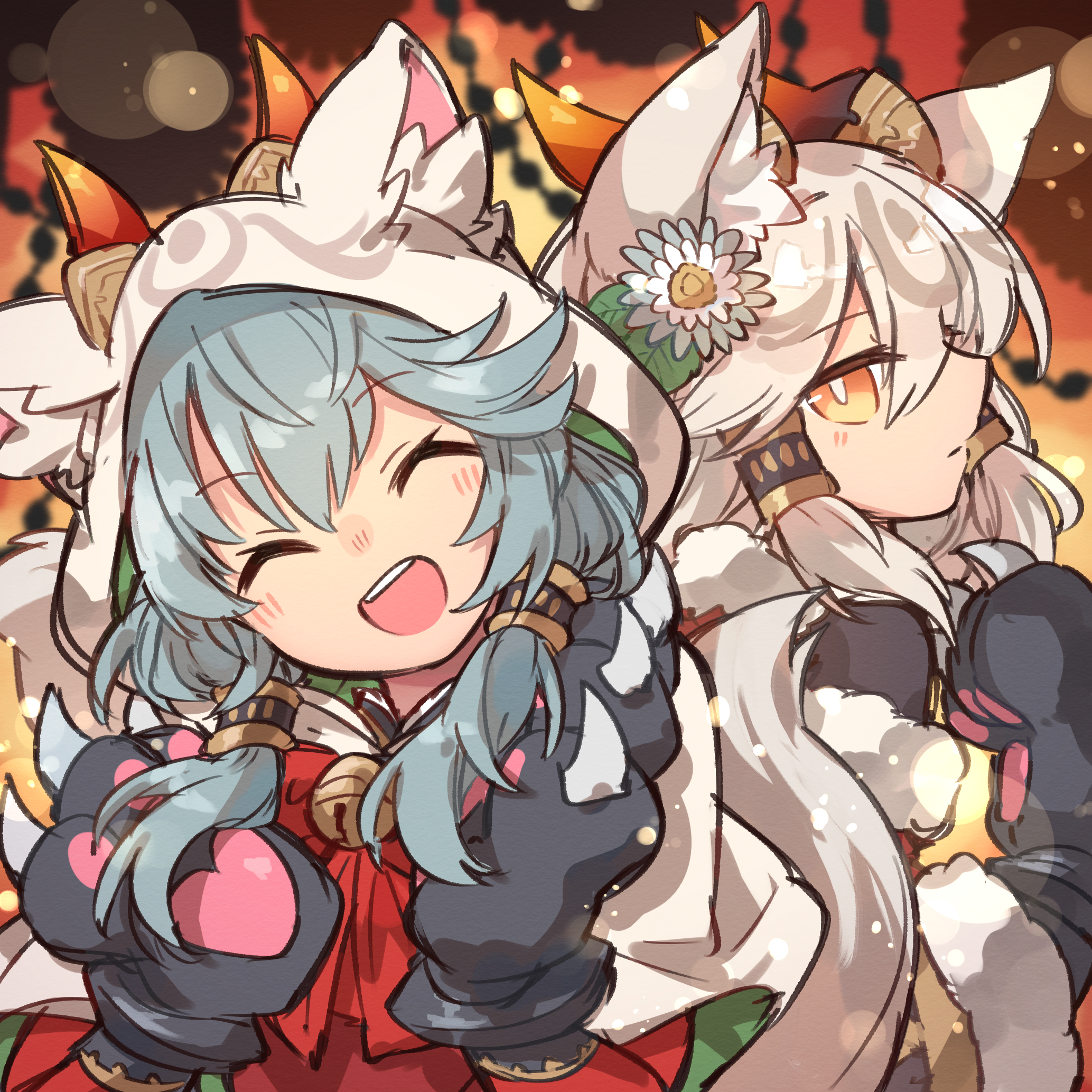 kuuron (moesann17), ilmina (p&d), romia (p&d), puzzle & dragons, highres, 2girls, animal ears, animal hands, bell, cat paws, closed eyes, demon horns, flower, gloves, grey hair, hair flower, hair ornament, horns, long hair, multiple girls, neck bell, open mouth, paw gloves, ribbon, tiara, very long hair, white hair