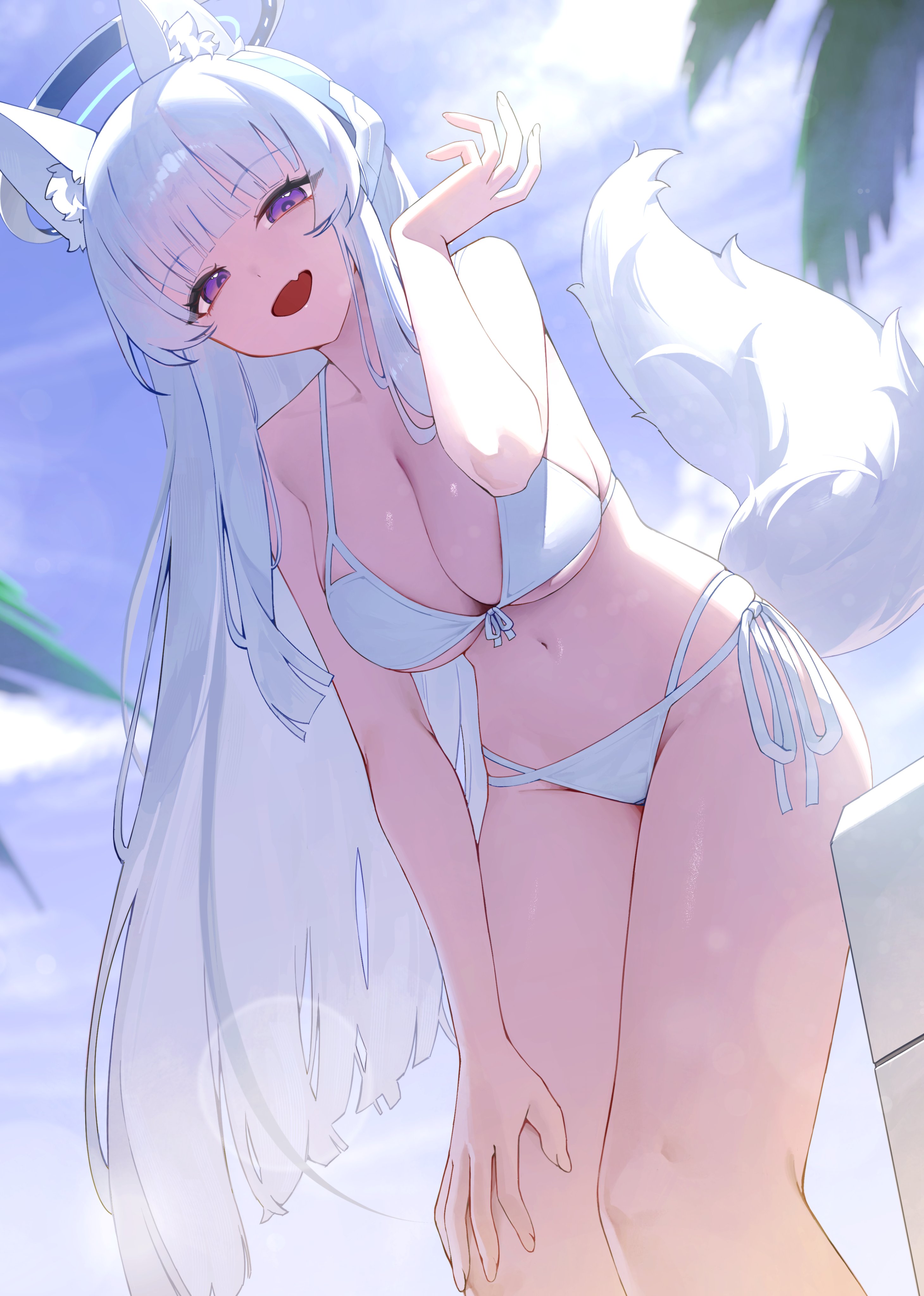sbgu, noa (blue archive), blue archive, absurdres, highres, 1girl, alternate costume, animal ears, bikini, breasts, cleavage, fang, front-tie bikini top, front-tie top, halo, hand on own knee, headgear, large breasts, long hair, looking at viewer, mechanical halo, multi-strapped bikini bottom, purple eyes, side-tie bikini bottom, skin fang, smile, solo, swimsuit, tail, white bikini, white hair, white halo
