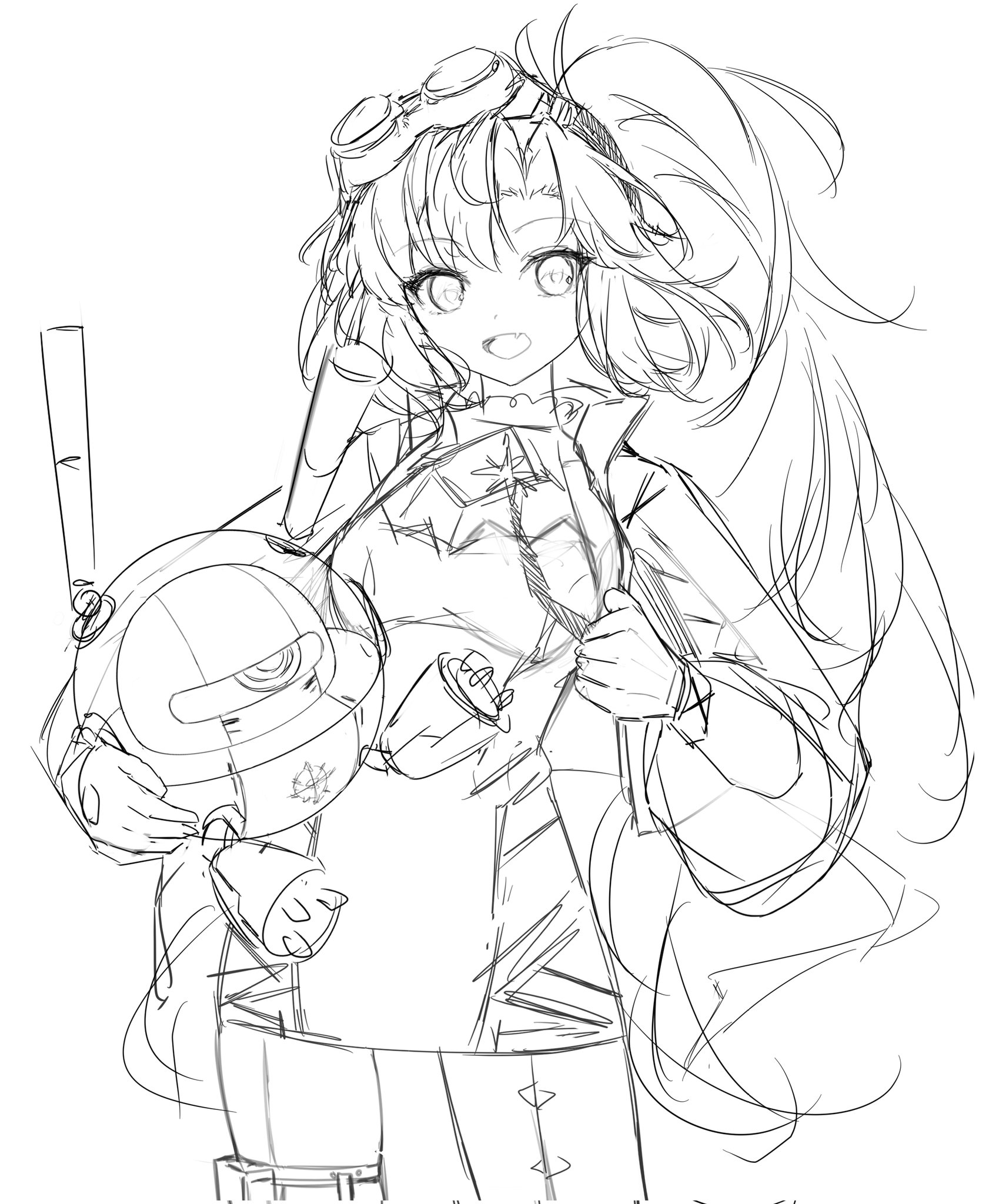 xy wang, arcaea, highres, 1girl, black shirt, boots, breasts, curtained hair, goggles, high ponytail, knee boots, leather, leather skirt, lineart, medium breasts, medium hair, nonoka (arcaea), ponytail, see-through clothes, shirt, sketch, skirt, solo, thigh strap
