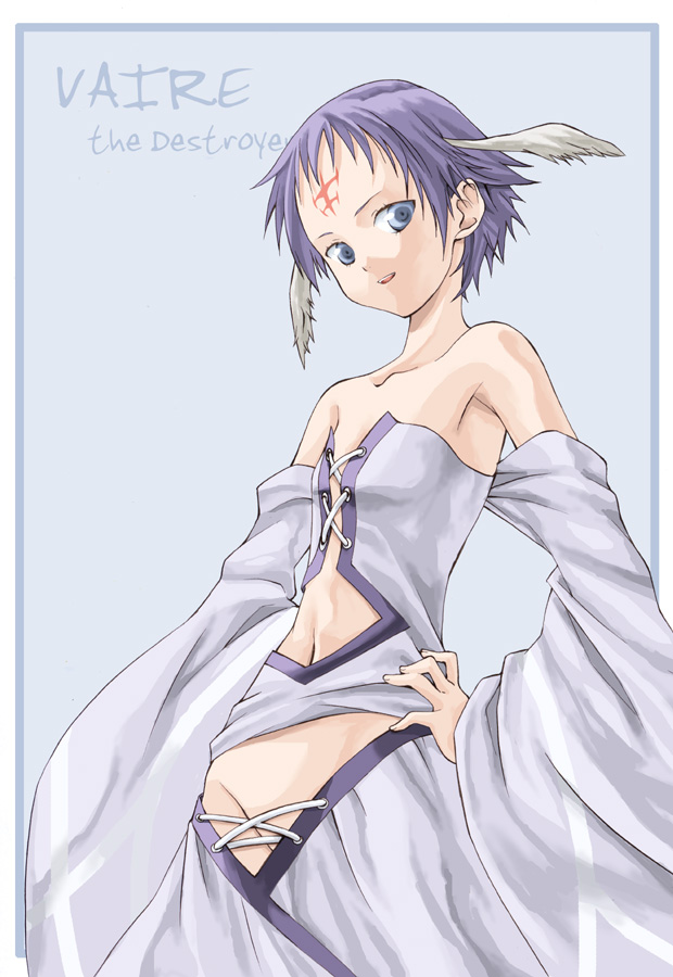 takano natsuki, vaire, kiss dum, 00s, 1girl, armpits, bare shoulders, blue eyes, facial mark, female focus, flat chest, forehead mark, groin, hand on own hip, head wings, hip focus, navel, no bra, no panties, purple hair, short hair, smile, solo, wings
