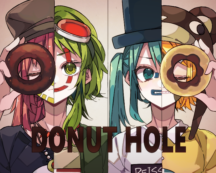 kaho 0102, gumi, hatsune miku, kagamine rin, megurine luka, donut hole (vocaloid), vocaloid, commentary request, 4girls, bead necklace, beads, bear hat, black shirt, blonde hair, blue eyes, blue hat, brown hat, closed eyes, closed mouth, donut, food, goggles, goggles on head, green eyes, green hair, green shirt, hat, holding, holding donut, holding food, jewelry, long hair, looking at viewer, multiple girls, necklace, open mouth, pink hair, shirt, short hair, song name, upper body, white shirt, yellow shirt