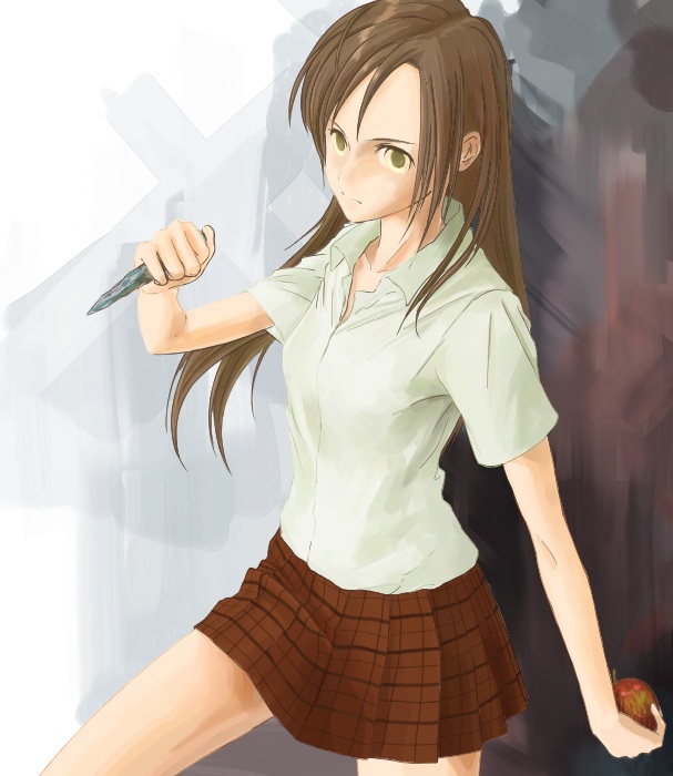 miyahara koumei, original, 1girl, apple, brown eyes, brown hair, female focus, food, fruit, long hair, solo
